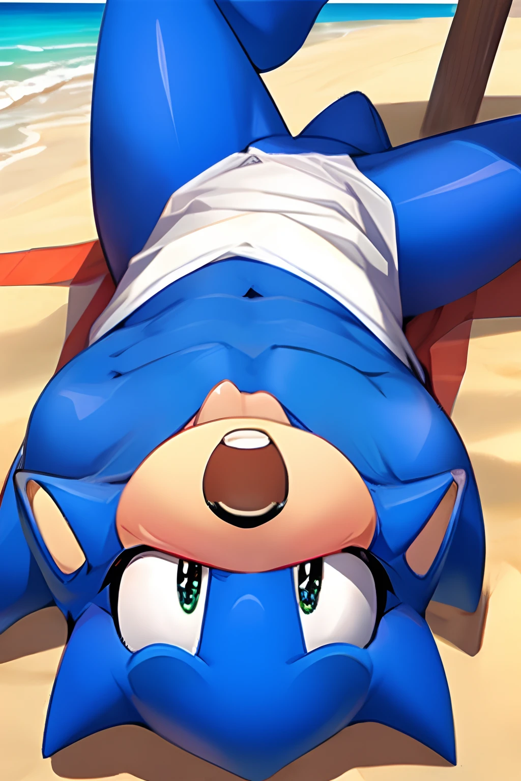 Sonic, beach, lying on back, looking at viewer, low angle, blushing , ahegao