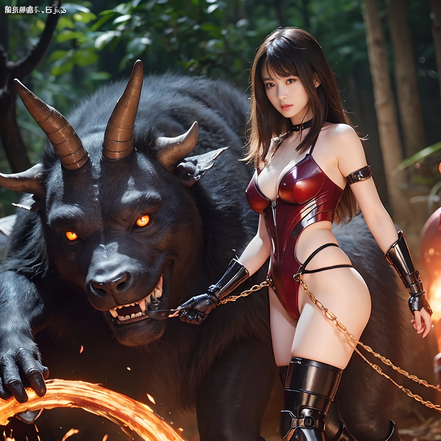 (1 Mechanical Girl)、top-quality、​masterpiece、超A high resolution、(Photorealsitic:1.4)、Raw photo、1人、Fight mutants、glowy skin、(((1 Mechanical Girl)))、With a beautiful knife、（Yellow Metal Bodysuit）、(Kobold、ogre、Fierce battle with orcs),（Fight fiercely against aliens）、Fight fiercely、(beautiful forest background)、(Fighting Demonic Beasts)、(Small LED)、((super realistic details))、portlate、(Strong giant demon beast background),globalillumination、Shadow、octan render、8K、ultrasharp、Colossal tits、Raw skin is exposed in cleavage、metals、Details of complex ornaments、Japan details、highly intricate detail、Realistic light、(Mystical expression),CGSoation Trends、Red Eyes、radiant eyes、Facing the camera、neon details、(Mechanical limbs)、(blood vessels connected to tubes)、Mechanical vertebrae attached to the back、mechanical cervical attaching to neck、(Wires and cables connecting to the head)、Gundam、Small LED、,Mechanical thighs、Toostock、（Hands are also made of machines）、（Attack of the Monster Beasts）、（Wounded in a deadly battle）、
