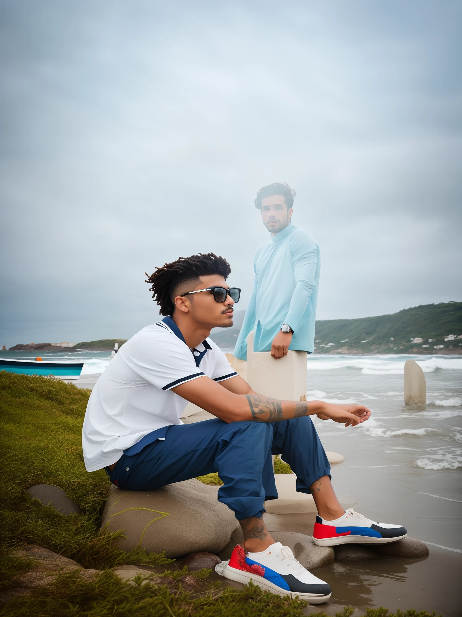 there is a man sitting on a rock in the water, posing on a beach with the ocean, ocean in the background, the ocean in the background, at a beach, very artistic pose, with a cool pose, standing at the beach, stylish pose, candid picture, portait photo profile picture, sea in the background, at the sea, cool pose