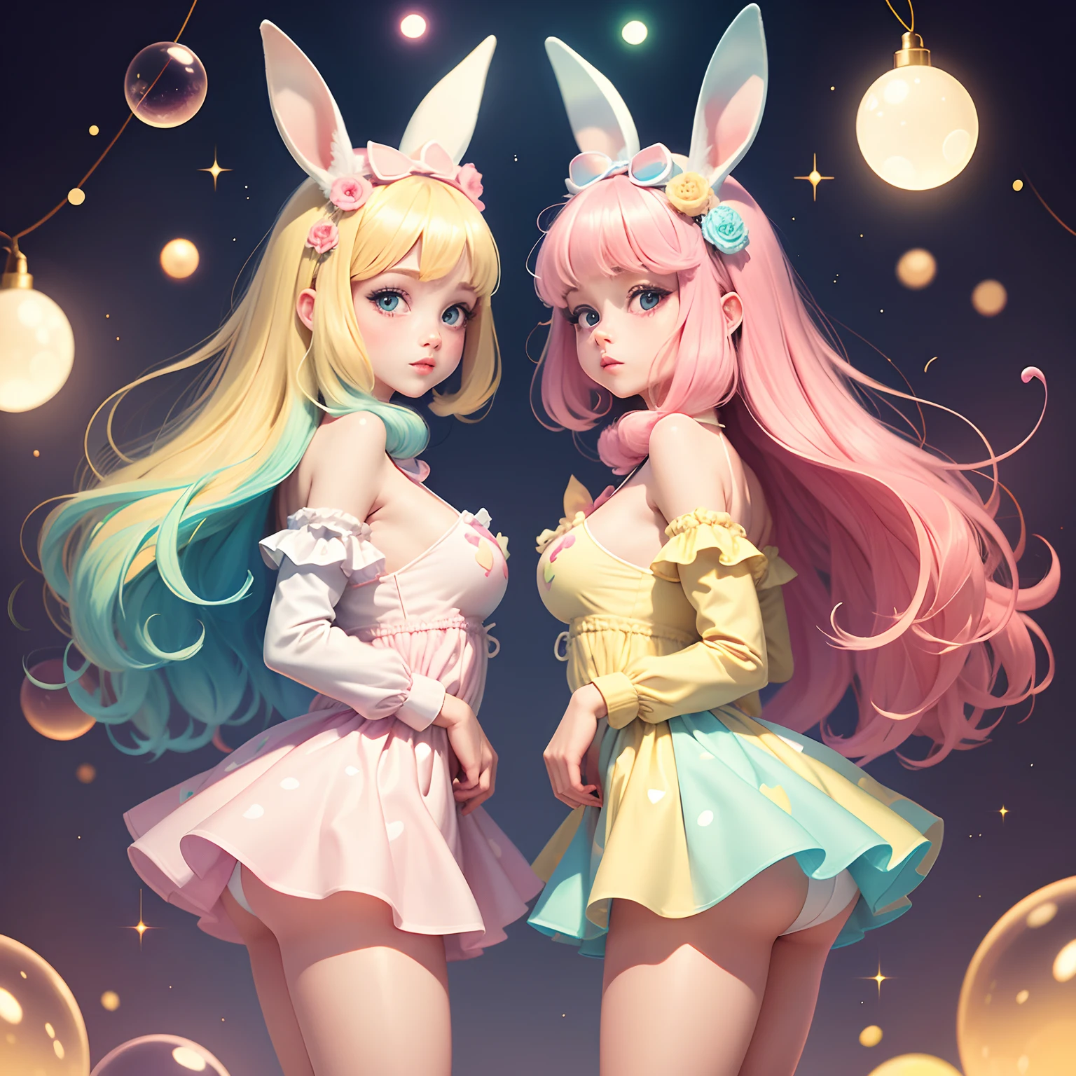 Graphic twin women　cream-colored　bunny rabbit　Colorful soap bubbles　Colorful lights