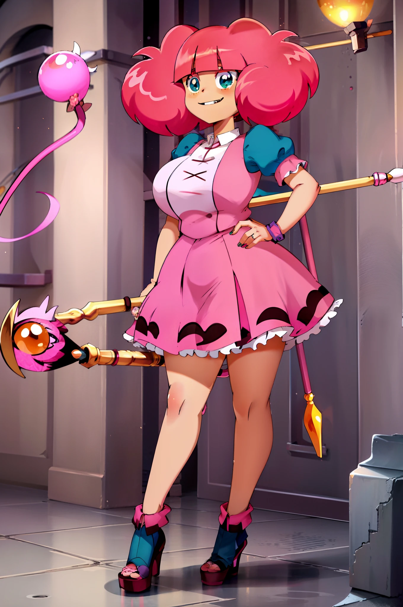 Rosemary, cheveux roses, avec grosse poitrine,smile, staff, full body standing, pink hair