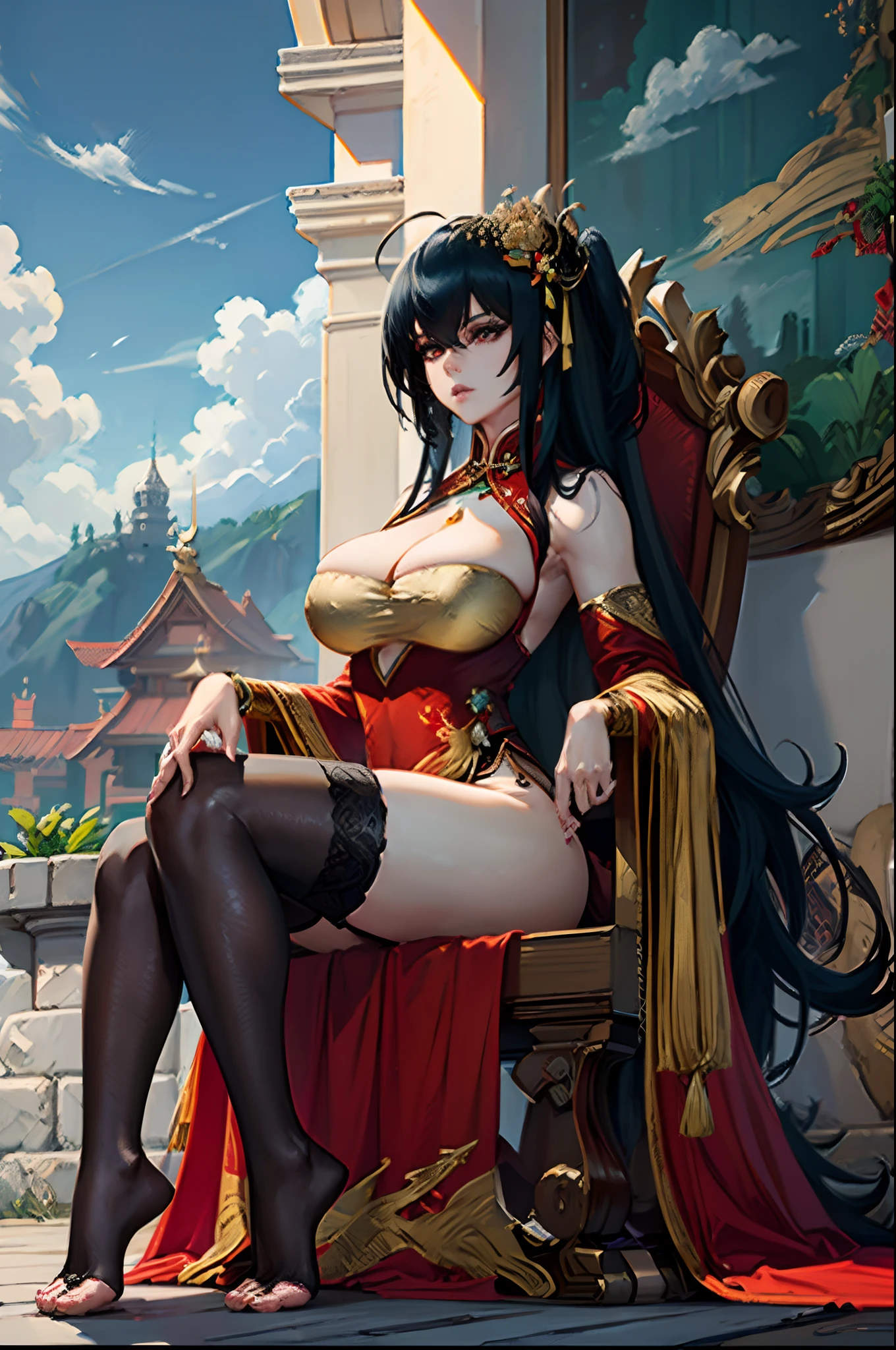 (taihouphoenix), (hair ornament), (tiara), (chinese clothes), (long sleeves), (bracelet), (necklace), (ribbon), (china dress), (anime girl sitting on a throne with a standart in her hand), (with a red chinese dress and a golden headpiece), (a beautiful fantasy empress), (perched on intricate throne), (sitting on intricate throne), (trending on artstation pixiv), (2.5 d cgi anime fantasy artwork),(seductive anime girl), (smooth anime cg art), (a hyperrealistic older female), (hyperrealistic mature woman), (fine details), (Azur Lane), (realistic milf), ((nsfw) not safe for work), (from Azur Lane), (beautiful anime girl), (black hair), (long hair), (large breasts), (cleavage), (red qipao), (beautiful legs), (bare legs), (feet), (soles), (barefoot), (beautiful feet), (beautiful toes), (detailed feet), (detailed toes), (seductive anime girl), (beautiful detailed eyes), (beautiful detailed girl), (curvy:1.1), (dynamic pose), (fashion clothing with diverse colors), (full body), ((full body shot:1.1)), (looking at viewer), (perfect eyes), (perfect face), (perfect retina), (seductive look), (sexy pose), (ultra detail face), (ultra detail hair), (very detailed eyes and face), (8k wallpaper), (amazing), (ambient occlusion), (best quality), (CG), (cinematic lighting), (detailed painting), (field of view), (fine detail), (fluid motion), (harmony), ((High Quality:1.4)), (high resolution), (huge file size), (illustration), (interconnected elements), (Intricate Details), (masterpiece ), (movie lighting), (photorealistic lighting), ((photorealistic:1.4)), (professional artwork), ((raw photo:1.2)), (realistic shadows), (reflective art), (sharp focus), (solo), (super detailed), (unified), (very detailed), ((vibrant colors:1.05)), (vivid lighting), (warm and cool color palette), (extremely detailed artgerm), (trending on artstation pixiv),