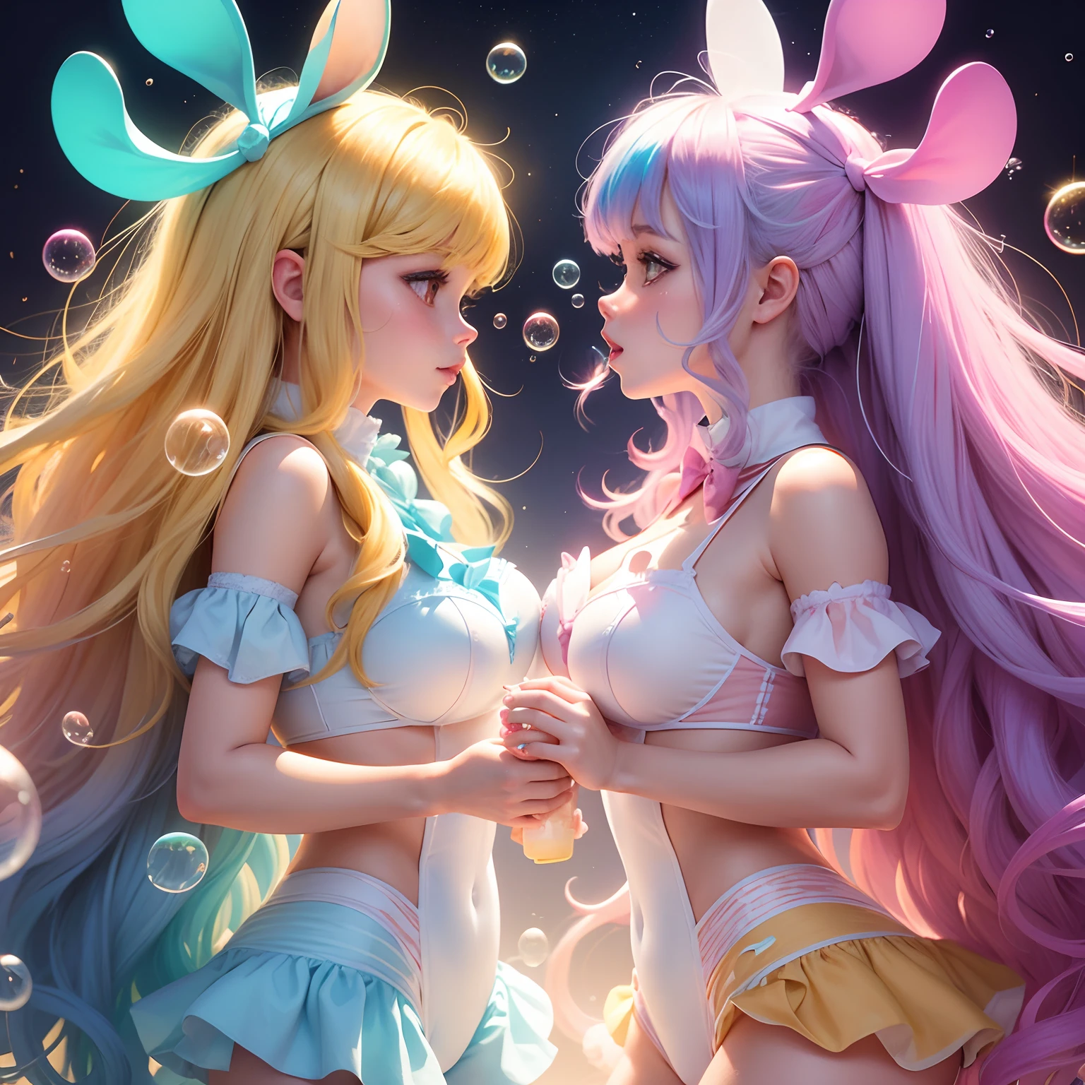 Graphic twin women cream-colored bunny rabbit Colorful soap bubbles Colorful lights