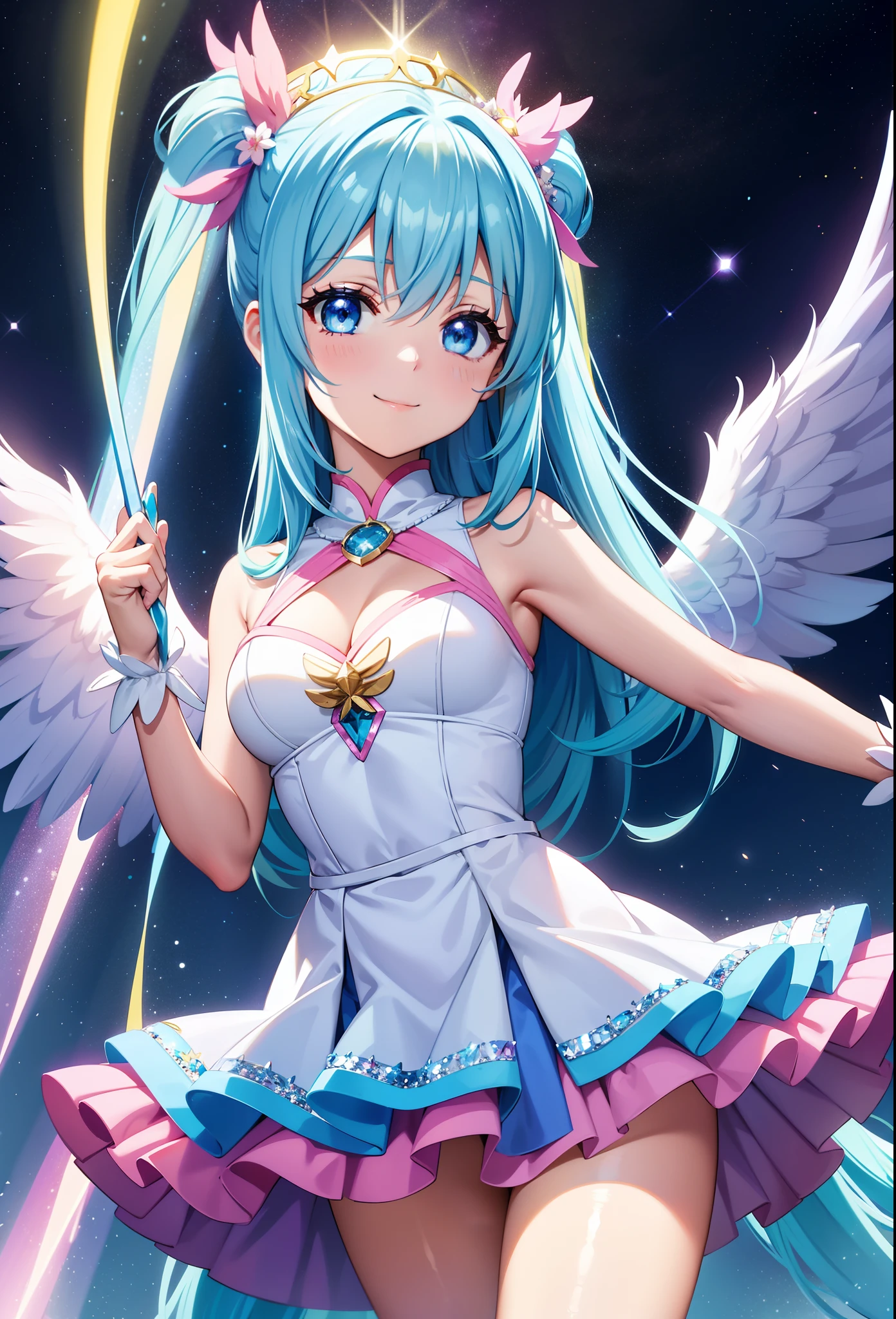Super Idol a beauty girl A charming smile sky blue hair length hair Twin-tailed Glittery bright pink and white and blue and yellow outfit facing front Angel seven colored big wings on background Mystical Fantasia constellation a moon Crystal Brilliance Aurora Borealis in the Night Sky
