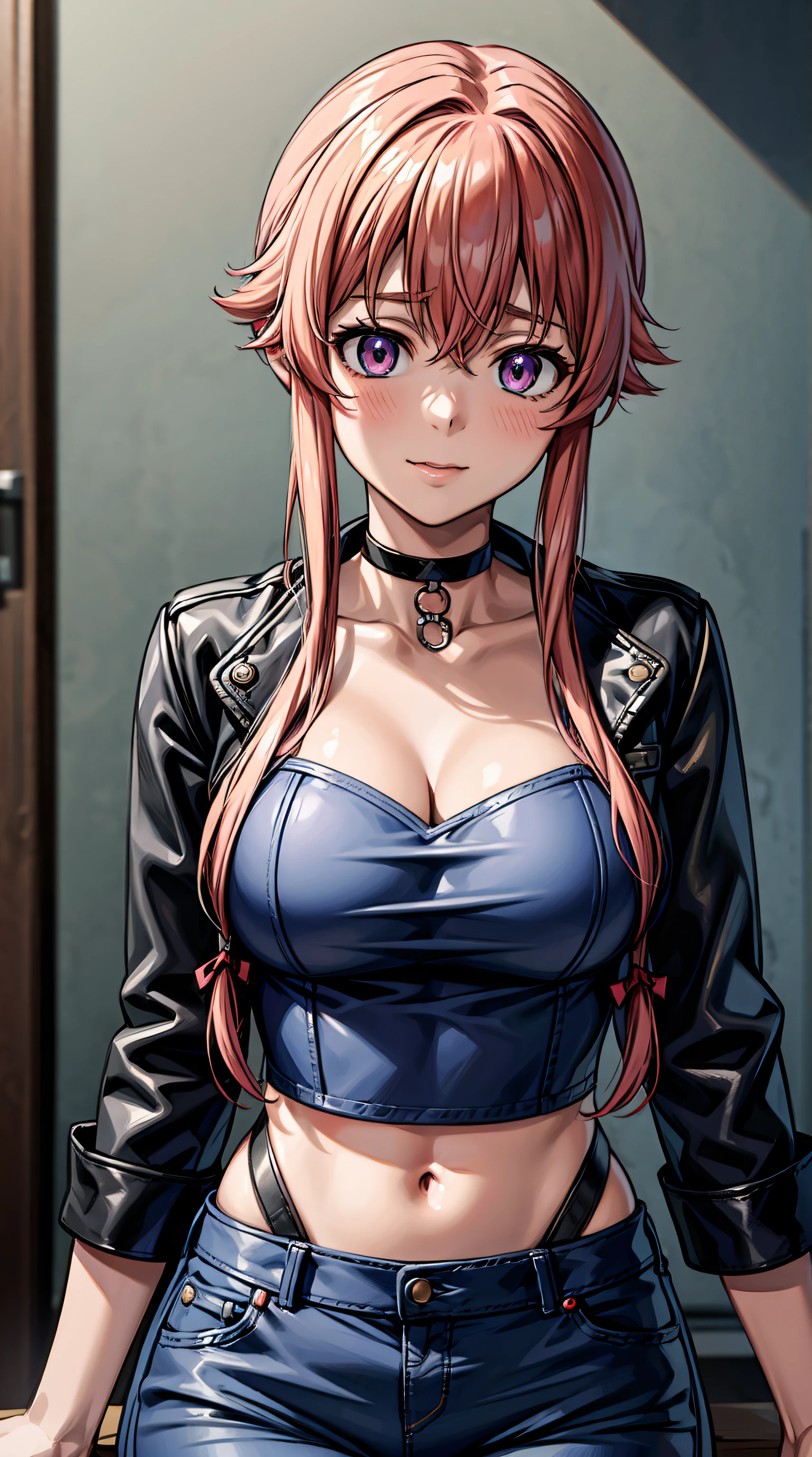 gasai yuno, large breasts, wearing a black choker, wearing black leather jacket, wearing blue jeans, ((masterpiece)), (((best quality))), 4k