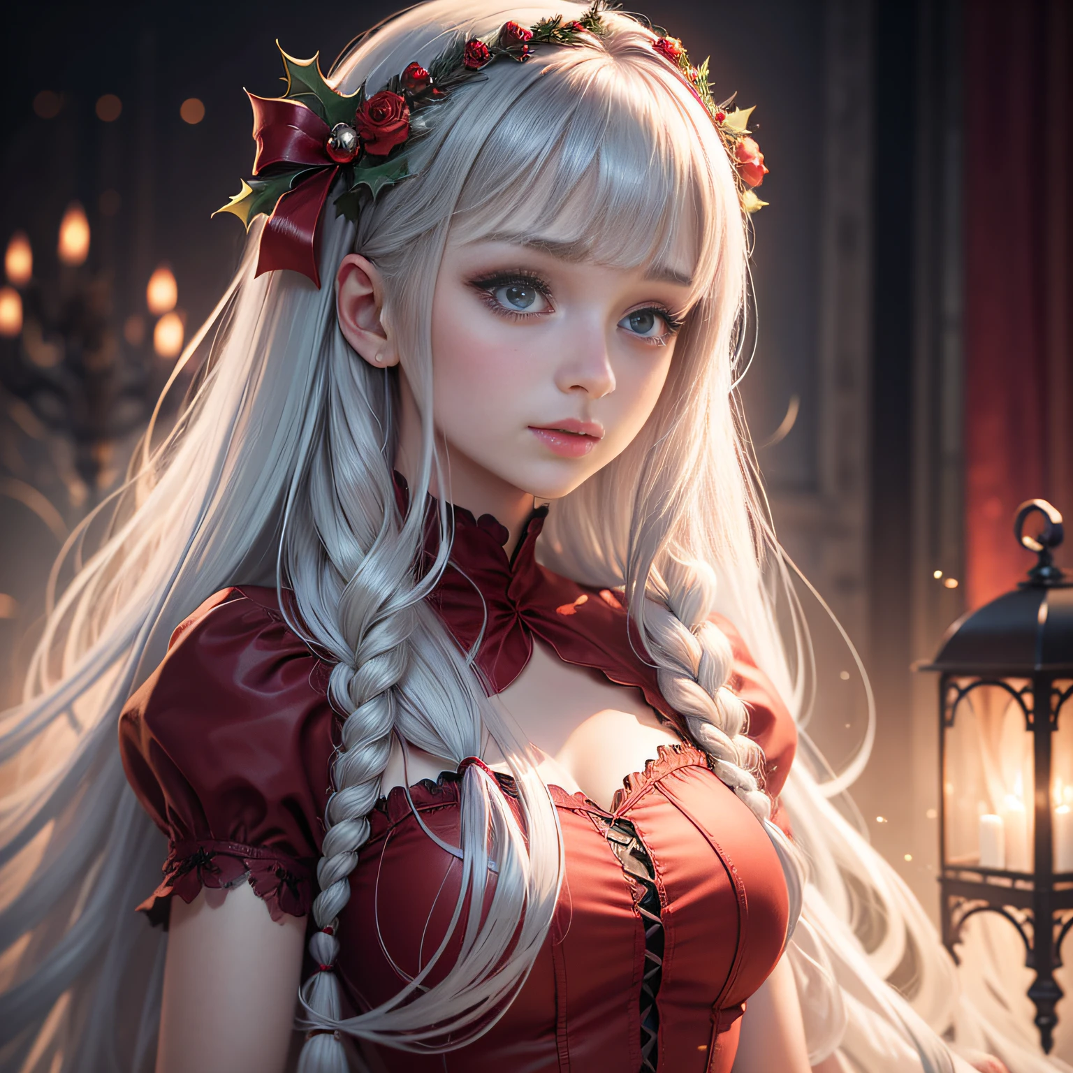 Garden girl,Beautiful detailed eyes,beautiful detailed hair ,long eyelashes, Illustration,hight resolution,Realistic,Horror,Red color palette,Dramatic Lighting Long Silver-Haired Princess Christmas Costumes profile Bangs suffocating memories Christmas party dress Twin-tailed Parti heart-broken