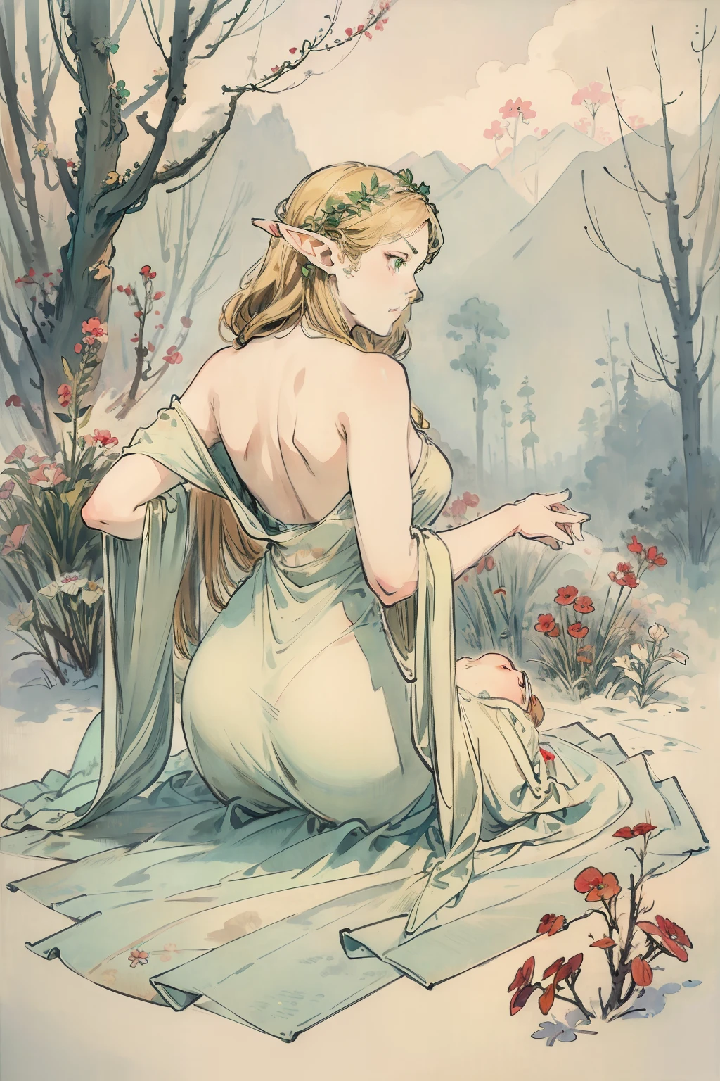 SFW,masutepiece, Best Quality, High resolution, 1girl in, Full body, Details Girl, detail hands, Detail fingers, Detail Face, detail legs, 1girl in, elf, Looking down, Flower Garden, Black sky, smog, watercolor paiting, pale skin, Petite, Blonde hair, Long hair, Wavy Hair, saddened, mournful smile, Green eyes, tareme, medium breasts, white sundress, Bare back, Kneeling, Planting trees
