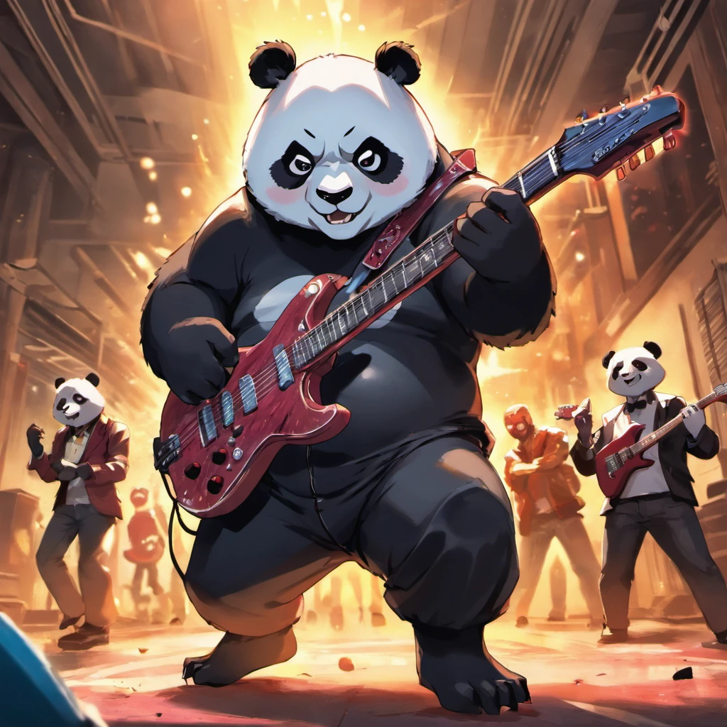 (masterpiece, best quality), panda, playing guitar, looking at viewer, blurry foreground, full body, various pose, rock n roll outfit,