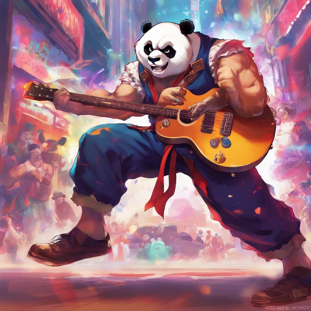 (masterpiece, best quality), panda, playing guitar, looking at viewer, blurry foreground, full body, various pose, rock n roll outfit,