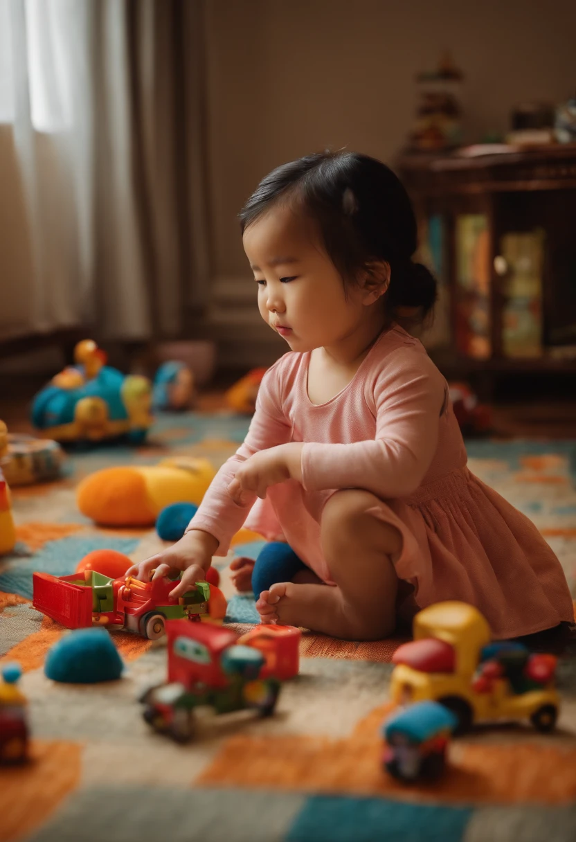3 girl sitting on living room floor playing with toys,Realisticstyle,Chinese little g