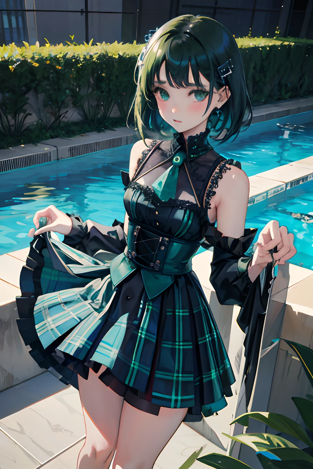 Standing，Knees，Curtsey，lift up one's skirt，child，（​masterpiece，Highest Quality），(Blue-green goth spank，Burberry Plaid)，Sleepy face，A dark-haired，swimming pools