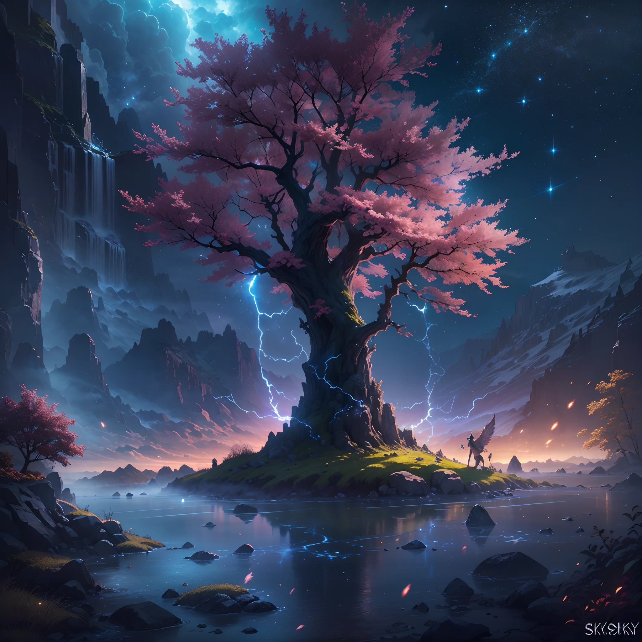(HighestQuali,astonishing detail:1.25),mont,(Mist:0.9),(waterfallr:0.8),(the cherry trees:1.3),(Flying birds:0.7),(cinematic compositions:1.3),(dream magical:1.3),hoang lap,Blue Flame,Plasma,Particle effect,Crystal clear texture,stone monument,(Skysky),the space,starrysky,Skysky,galaxias,illuminating,llight rays,dynamic angle,depth of fields,Light,Reallightandshadow,diffused reflections,
