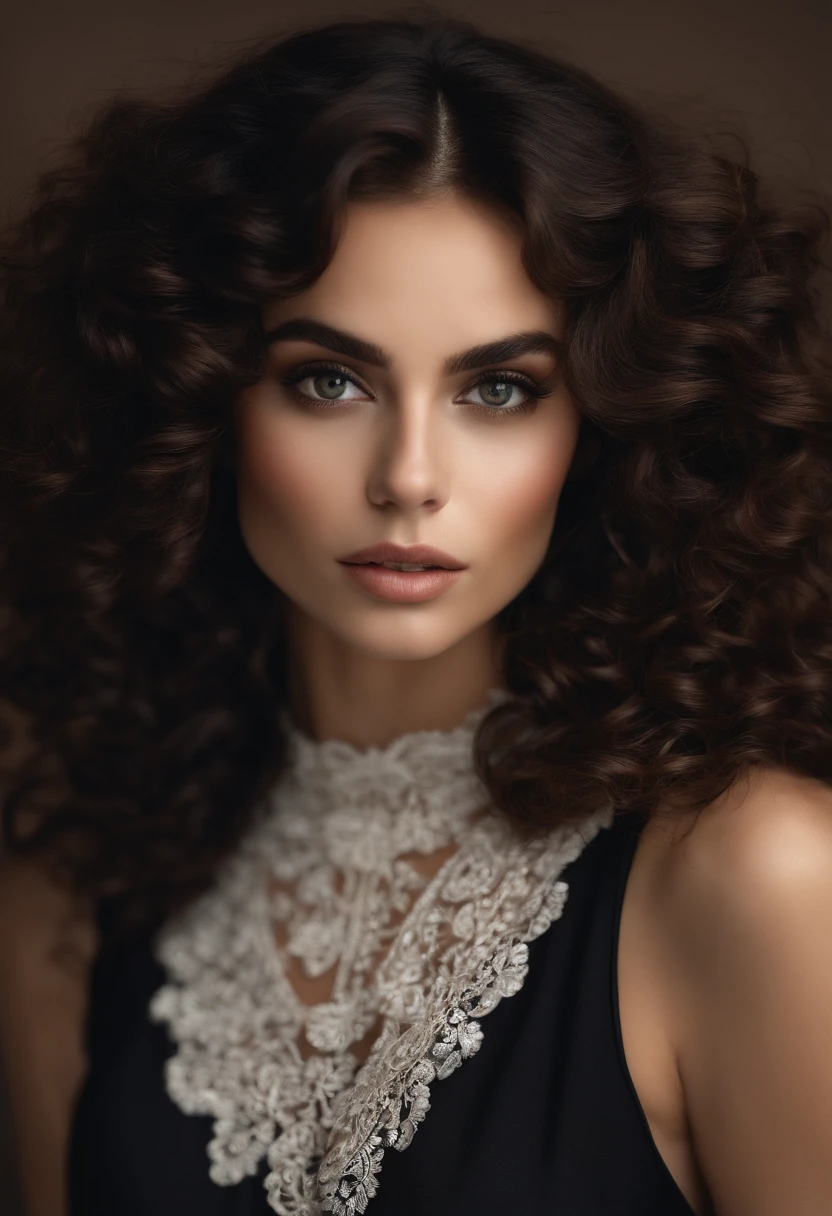 elongated face / dark brown hair / brown eyes / big eyes / curly hair / black blouse / white skin /