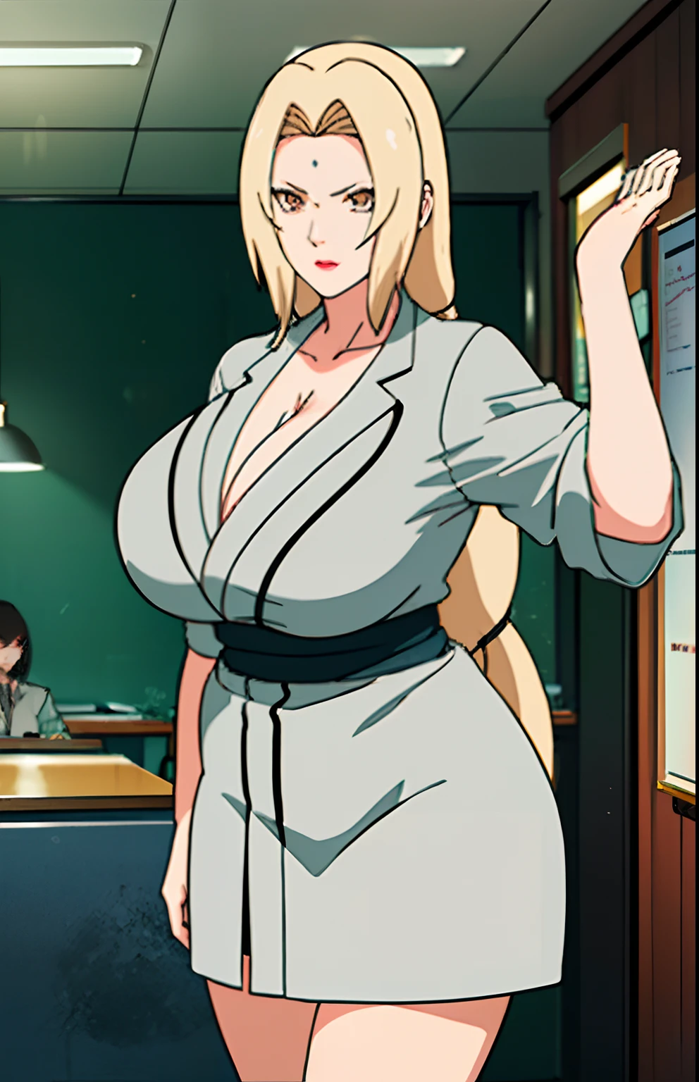 Big tits), (), (), black tight skirt, (white lab coat),  fullbody, cleavage, good anatomy, masterpiece, best quality, 4k, 8k, professional photography, soft light, sharp focus, 1 girl, blonde hair, at classroom, blonde hair, parted banks, detailed face+brown eyes, open lips, lipstick, upperbody