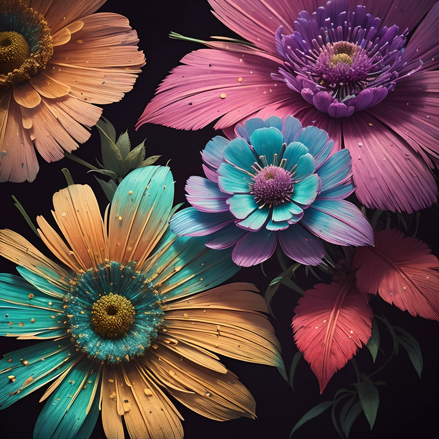 Realistic Flower Cosmos:1.5,Beautiful feathers:1.3,top-quality,Best Quality,Beautiful and mysterious flowers,Extremely detailed,Fractal Art:1.3,Colorful:1.4,highest details,Zentangle:1.2,Dynamic,Abstract background:1.3