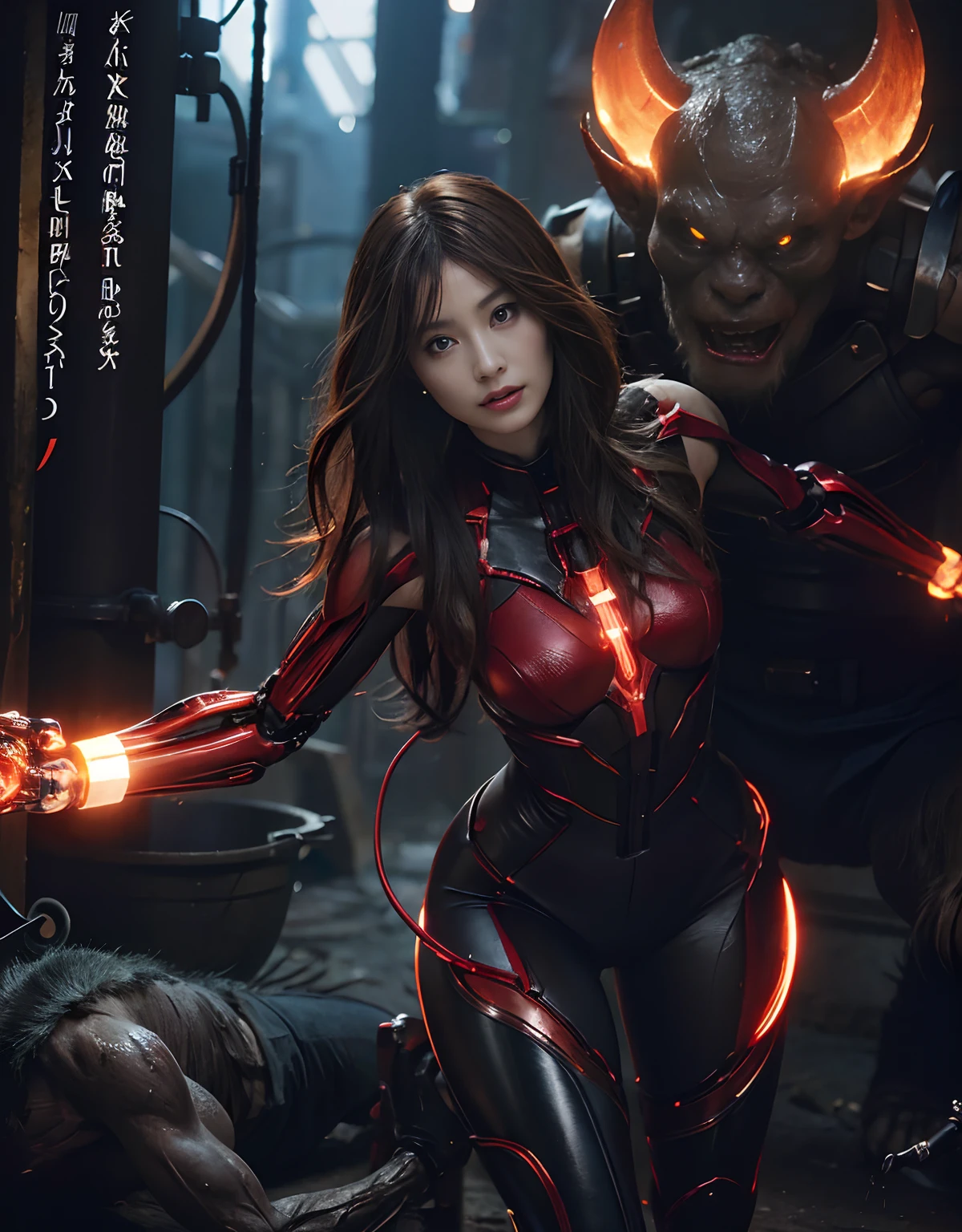 (Wearing a Devil's Bodysuit)、top-quality、masterpiece、超A high resolution、(Photorealsitic:1.4)、Raw photo、1人、Fight mutants、glowy skin、(((1 Mechanical Girl)))、With a beautiful knife、(Green Metal Bodysuit)、(Fight fiercely against aliens)、Fight fiercely、(beautiful forest background)、(Fighting Demonic Beasts)、(Small LED)、((super realistic details))、portlate、(Strong giant demon beast background),globalillumination、Shadow、octan render、8K、ultrasharp、Colossal tits、Raw skin is exposed in cleavage、metals、Details of complex ornaments、Japan details、highly intricate detail、Realistic light、(Mystical expression),CGSoation Trends、Red Eyes、radiant eyes、Facing the camera、neon details、(Mechanical limbs)、(blood vessels connected to tubes)、Mechanical vertebrae attached to the back、mechanical cervical attaching to neck、(Wires and cables connecting to the head)、Gundam、Small LED、,Mechanical thighs、Toostock、(Hands are also made of machines)、(Attack of the Monster Beasts)、(Wounded in a deadly battle)、