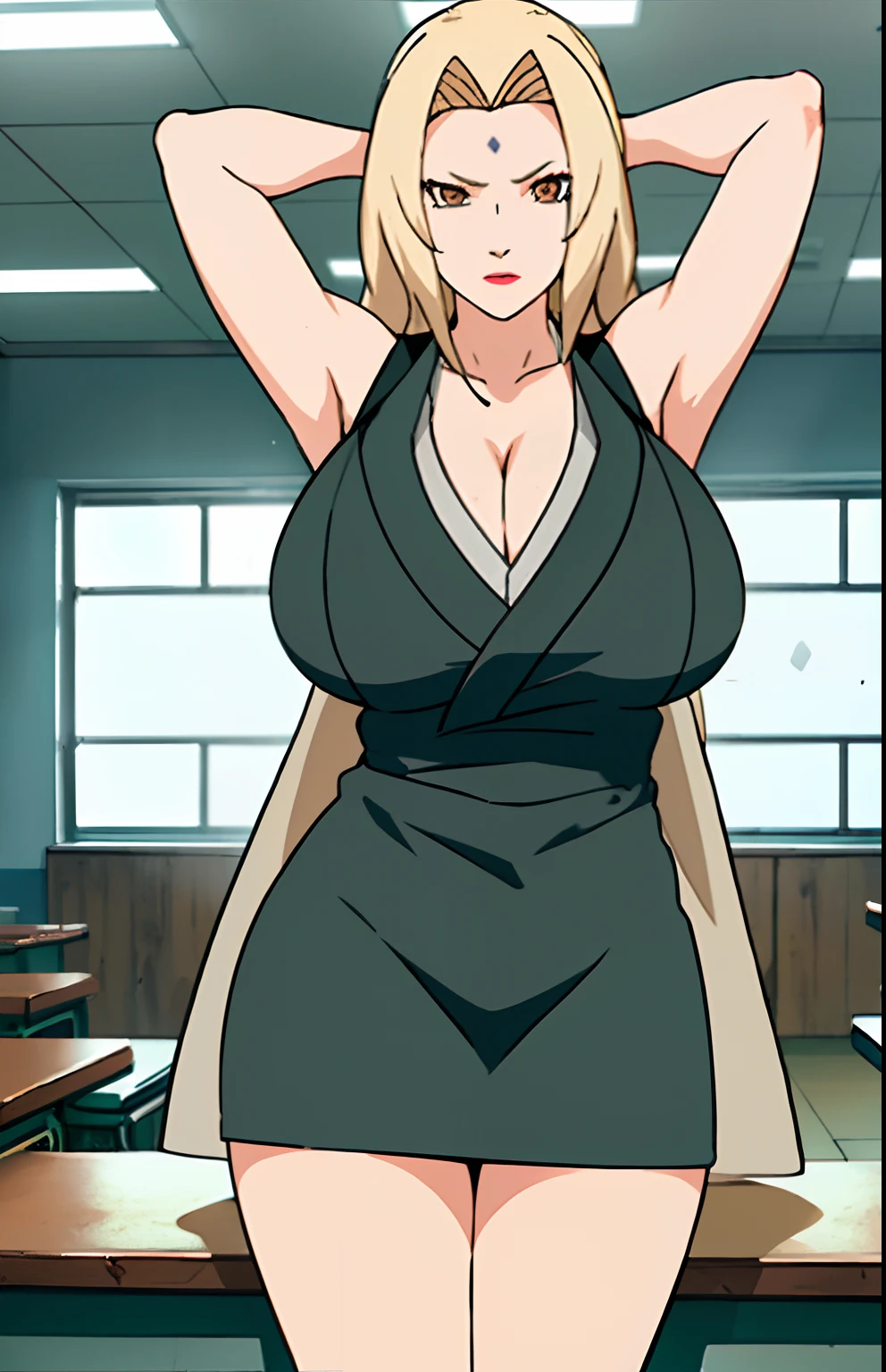 Big tits), (), (), black tight skirt, (white lab coat), fullbody, cleavage, good anatomy, masterpiece, best quality, 4k, 8k, professional photography, soft light, sharp focus, 1 girl, blonde hair, at classroom, blonde hair, parted banks, detailed face+brown eyes, open lips, lipstick, upperbody