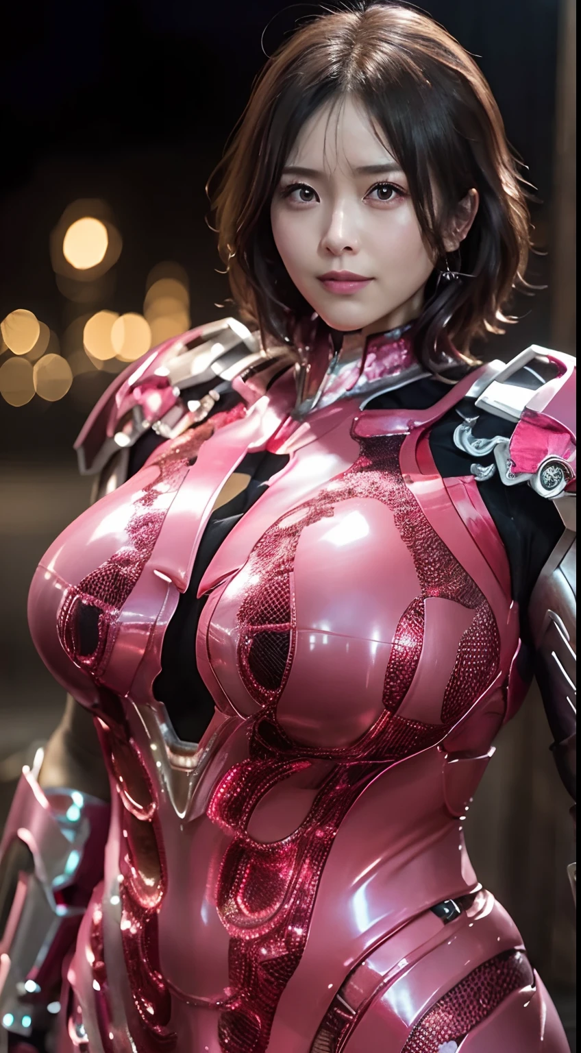 Pink Power Rangers、femele、Realistic、Writing, Glossy suit、Power Rangers Bodysuit、professional photograpy、Does not expose the skin, Japanese Models,、,The skin is not exposed、fleshy body, large boob、 hard 、、big butts、Big belly、thick thight、thick arms、Round face、Fat face、chubby cheeks、Sauce order、big eye、Short-haired black hair、、Night background、