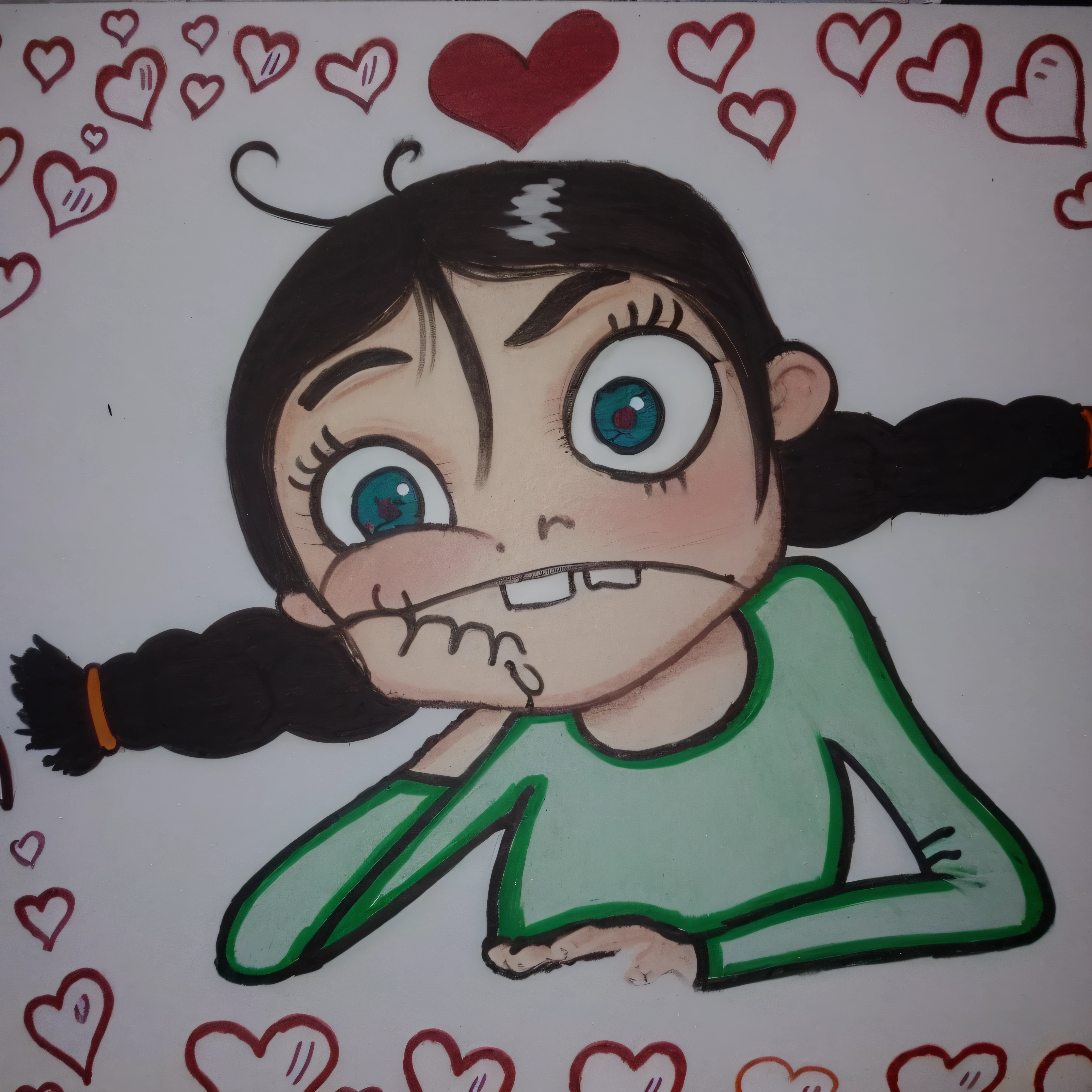 desenho de uma menina com uma camisa verde e um cabelo preto, Vanellope von Schweetz, desenho dos desenhos animados, cartunesco bonito, Fanart, arte dos desenhos animados, inspirado em Ryuzaburo Umehara, in cartoon style, caricatura!!!, inspirado em Nara Yoshitomo, arte dos desenhos animados, Loli, inspirado por Rumiko Takahashi