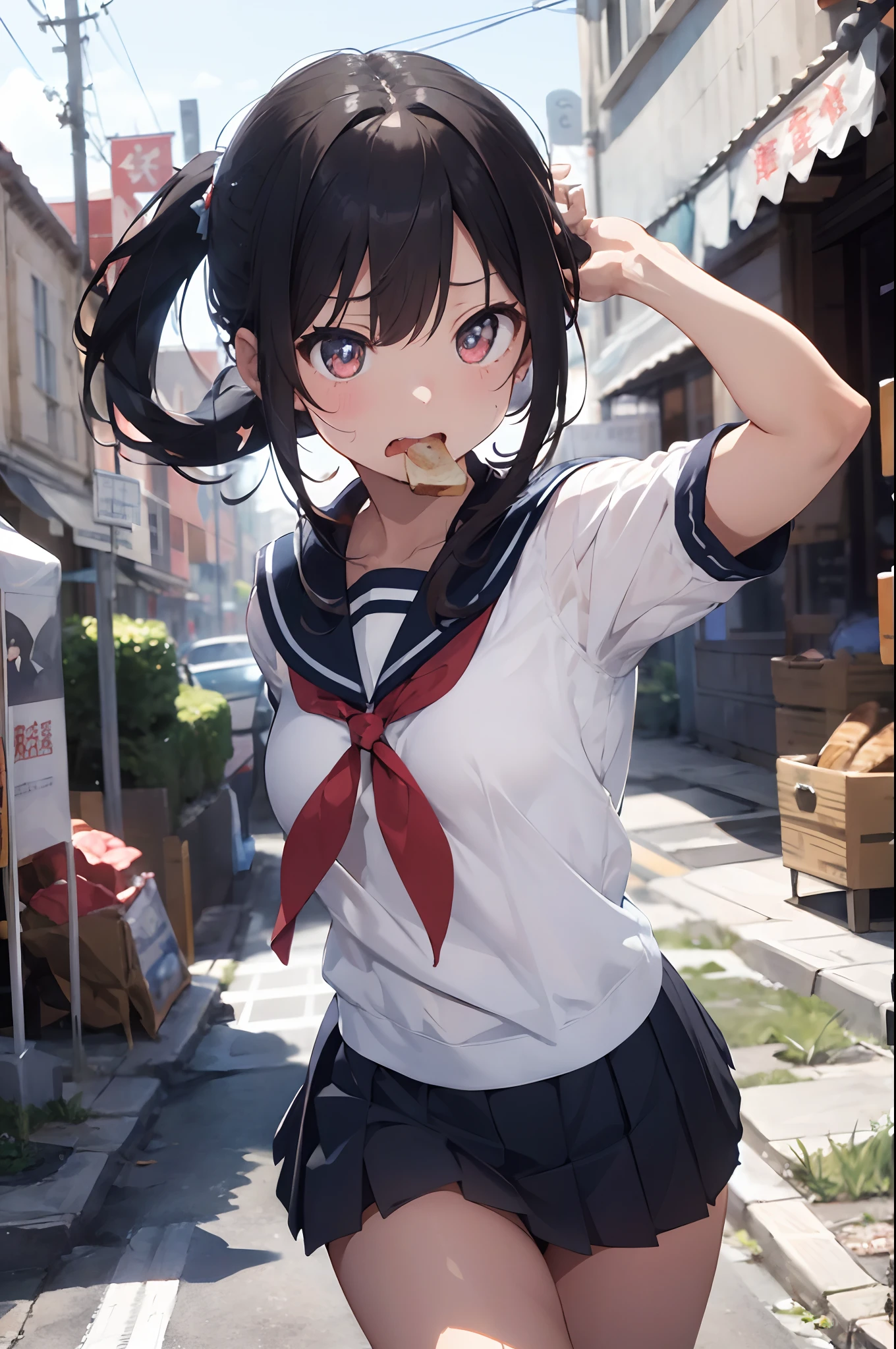 (tmasterpiece、top-quality、in 8K、32K、masterpiece、nffsw、超A high resolution、Impresionismo、Photorealsitic:1.2)、cowboy shot、foco nítido、detailed faces and eyes、beauitful face、blurry backround、blue open sky、shinny skin、Sharp pupils、Realistic pupils、beauitful face、blurry backround、18 year old beautiful girl、shinny skin、short-hair、poneyTail、Black and beautiful hair、Red Eyes、(a sailor suit、Dark blue pleated skirt、Chewing bread toast、Running:1.3)、(Skirt Roll Up、White panties are visible:1.2)、thighs thighs thighs thighs、Curve、Dynamic Poses、Powerful composition、Have a sportback、Troubled face、I'm in a hurry、Teary-eyed、Sweating