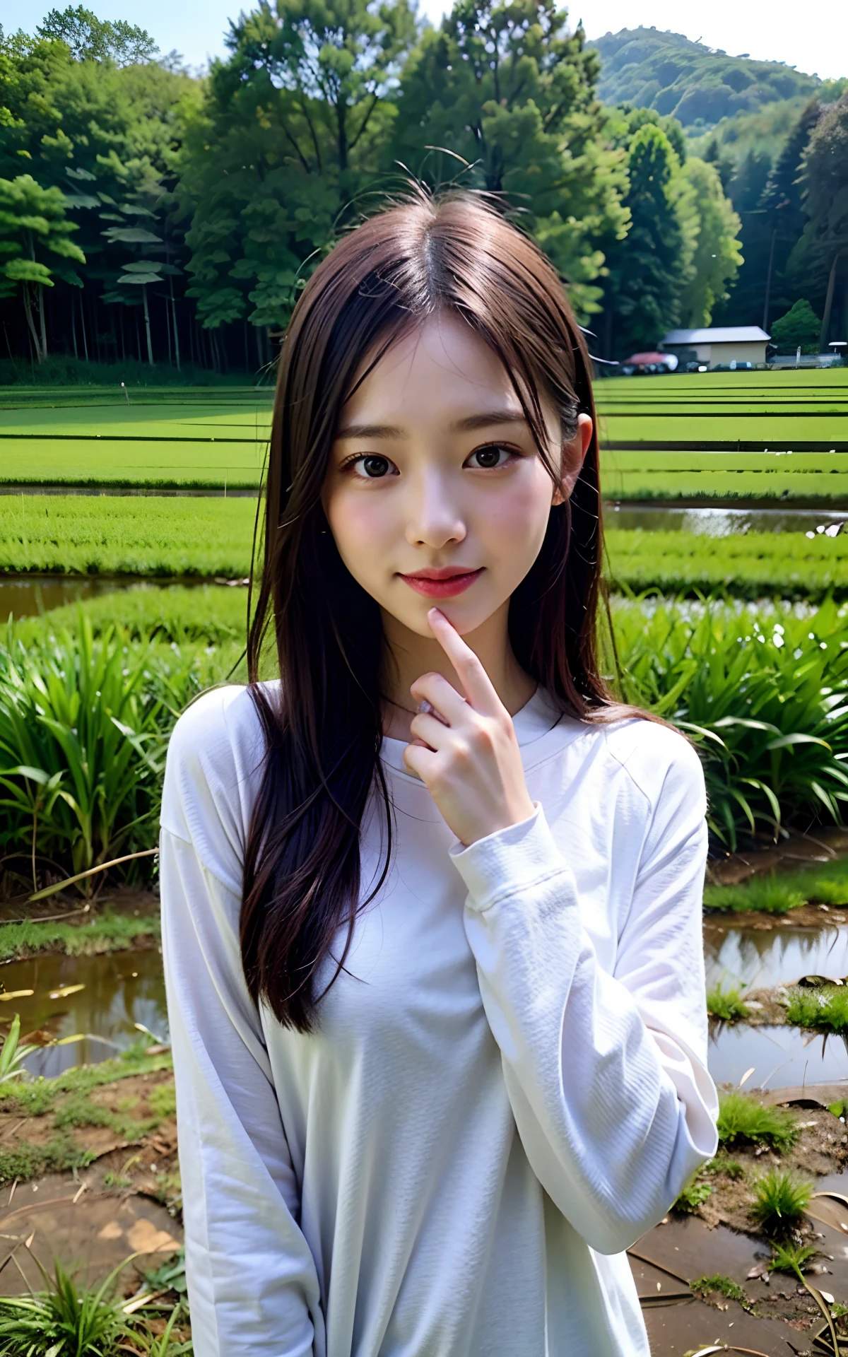 8k、masuter piece、Photorealsitic、pov、(one girls)、with round face、a baby face、Plain clothe、Strolling along a rice field road、