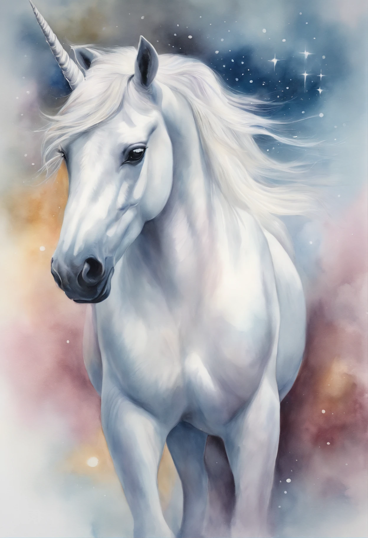 painting of a unicorn with a star on the side of it, an airbrush painting by Adrienn Henczné Deák, shutterstock contest winner, academic art, a unicorn, unicorn, unicorn horn, white unicorn, painted in bright water colors, watercolor detailed art, artistic 4 k, fantasy watercolor, amazing art, unicorns, awesome, detailed watercolour