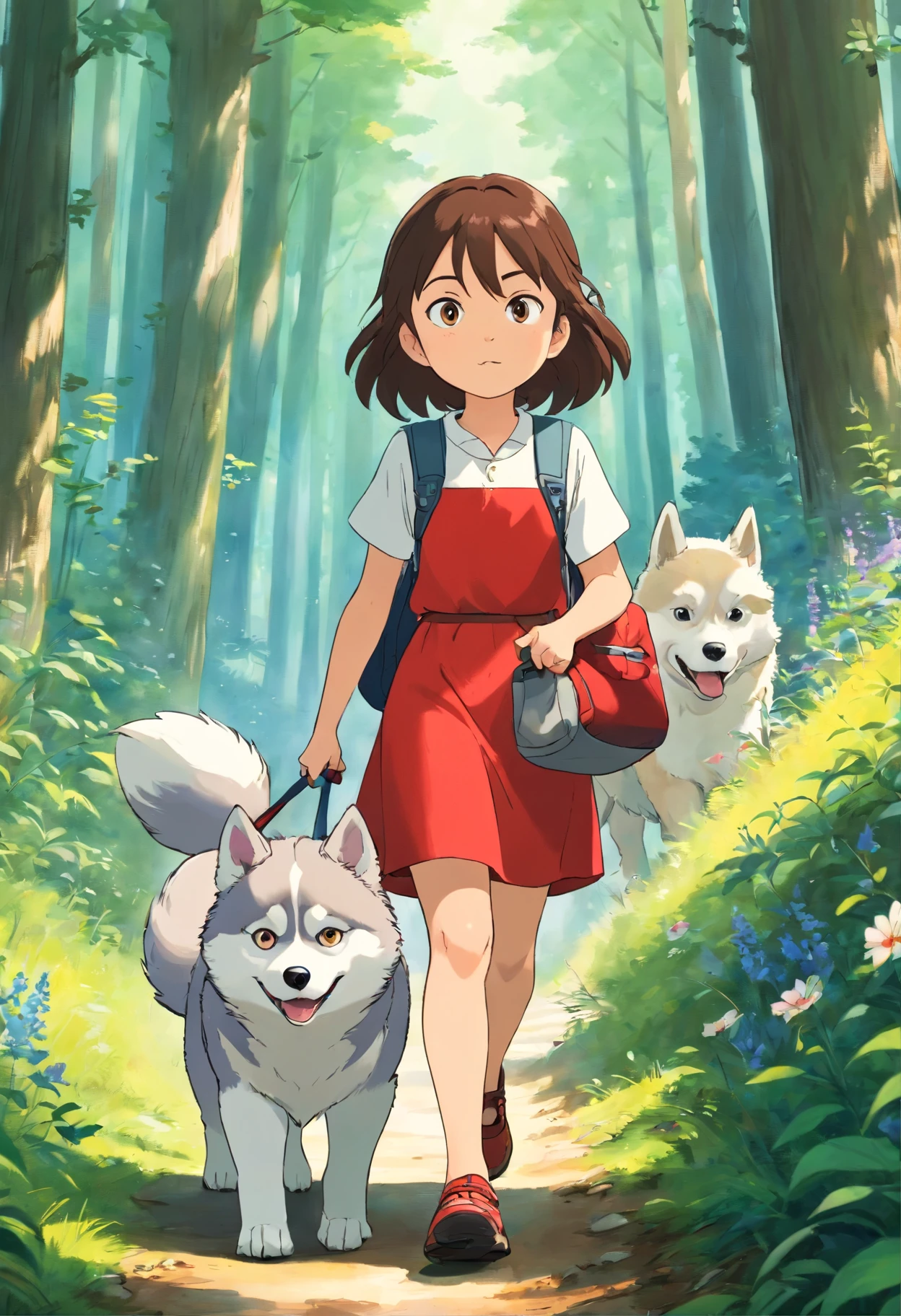 A 6--old l carrying a hiking bag,Wearing a white top,short red dress, Leading a husky on a forest path, Face the lens,, wildflowers, Far Mountain, the woods