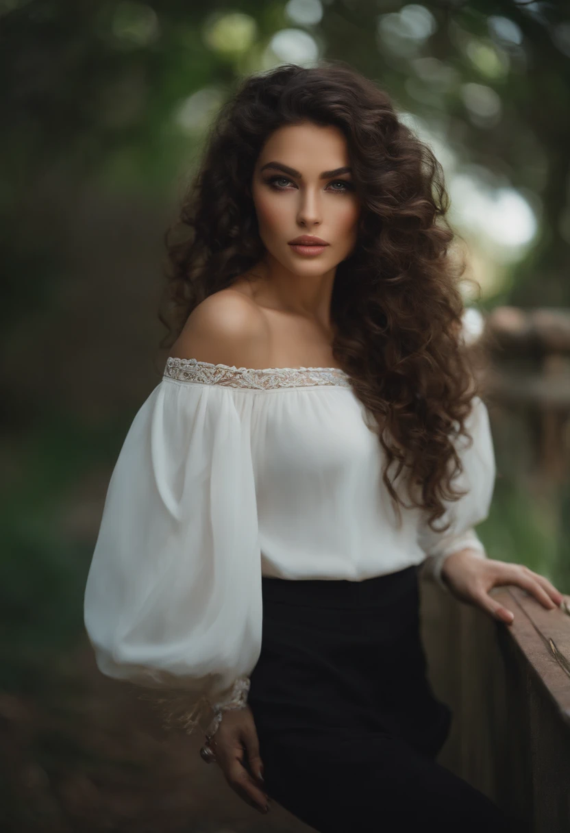 elongated face / dark brown hair / brown eyes / big eyes / curly hair / black blouse / white skin /Damn it!