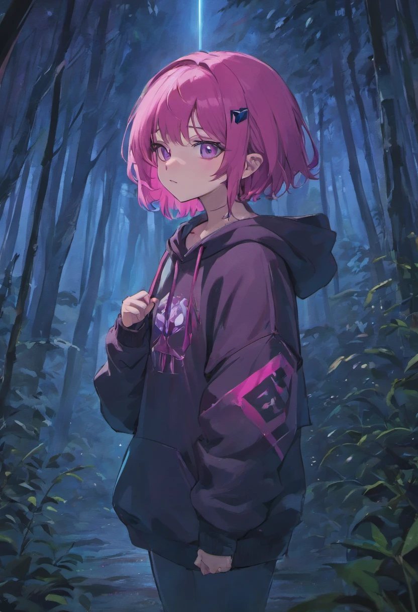 (masterpiece, best quality: 1.2), midnight, forest, dark pink hair, green eyes, pink hoodie, blue jeans, short hair, black eye_glasses, black boots, pale_skin, sleepy, black_earrings, choker, alone, bracelets, 1girl, depressed
