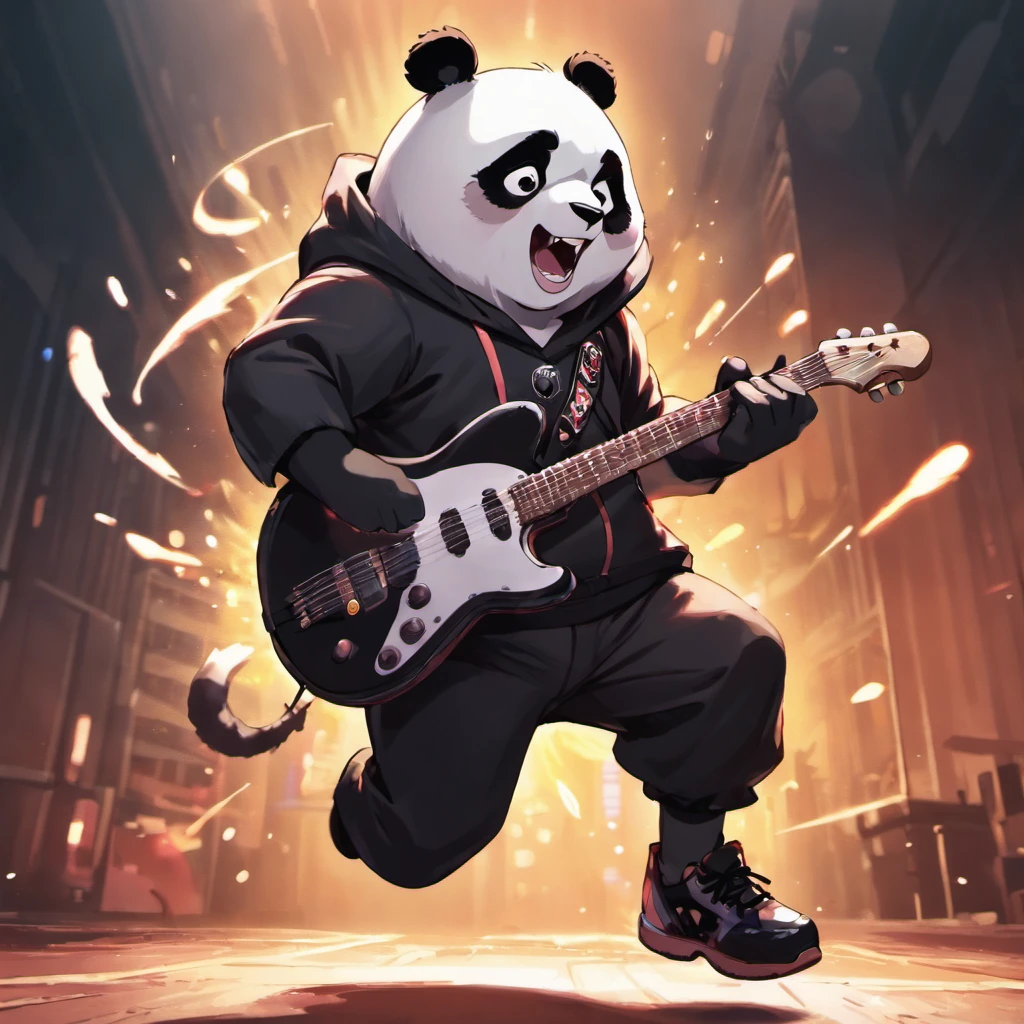 (masterpiece, best quality), panda, playing guitar, jumping pose, blurry foreground, full body, fully clothes, boot shoes, rock n roll outfit,