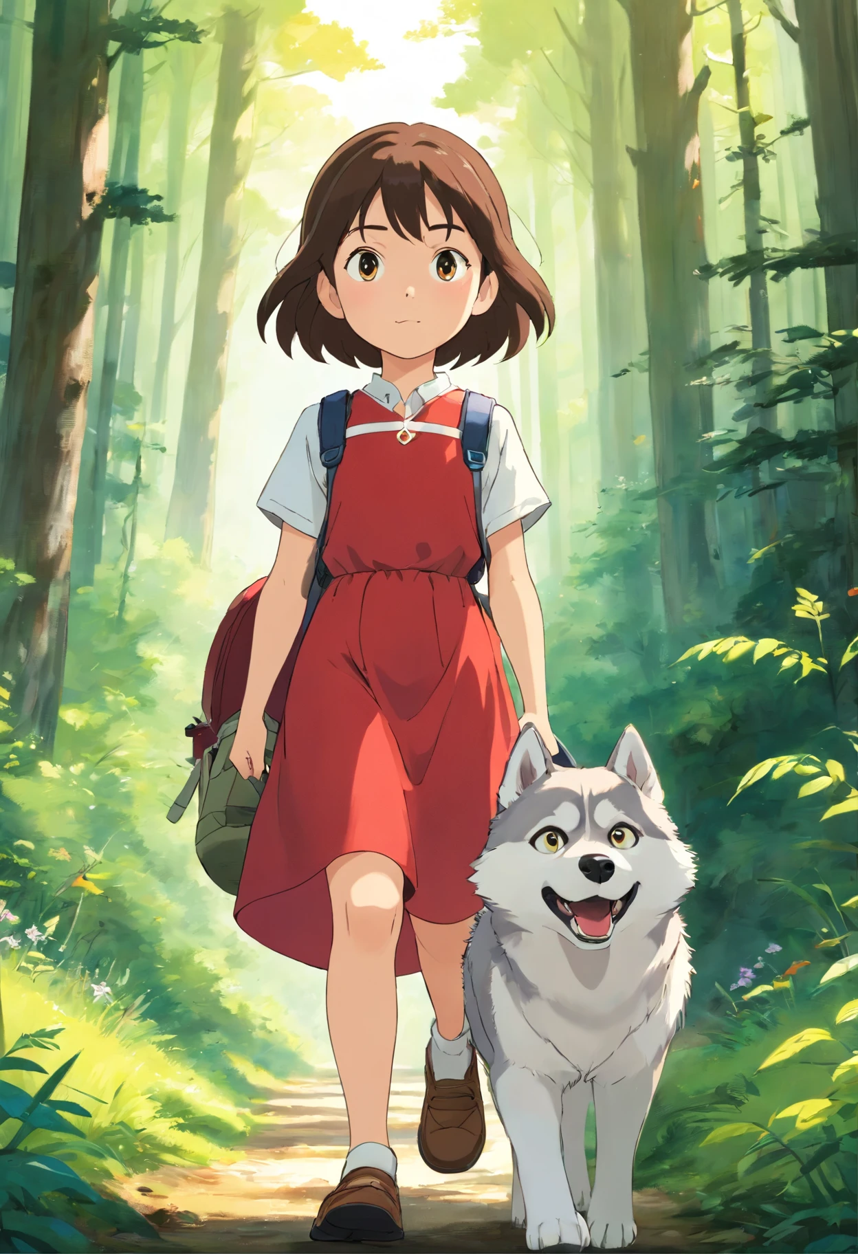 A 6-year-old girl carrying a hiking bag,Wearing a white top,short red dress,  Leading a husky on a forest path, Face the lens,, wildflowers, Far Mountain, the woods