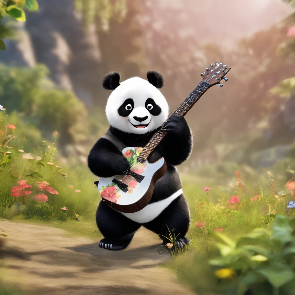 (masterpiece, best quality), panda, playing guitar, looking at viewer, blurry foreground, full body, various pose, rock n roll outfit,