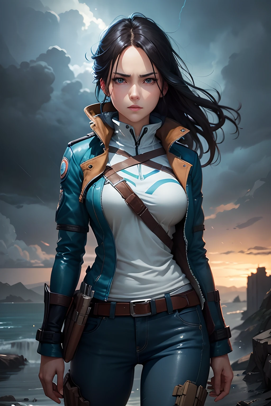 a woman with blue eyes standing in front of a storm, portrait of eren yeager, eren yeager, makoto shinkai and artgerm, makoto shinkai ( apex legends ), artwork in the style of guweiz, makoto shinkai. digital render, artgerm and atey ghailan, eren jaeger