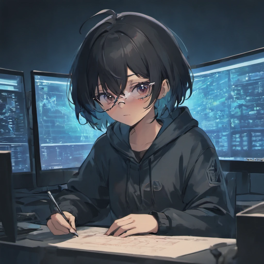 Glasses, Hooded, Short Black Hair, Black Eyes, Using a computer in a dark room and open the kali linux operating system on the computer screen, write codes in the terminal in kali linux, Cyber Security and Hacker Man