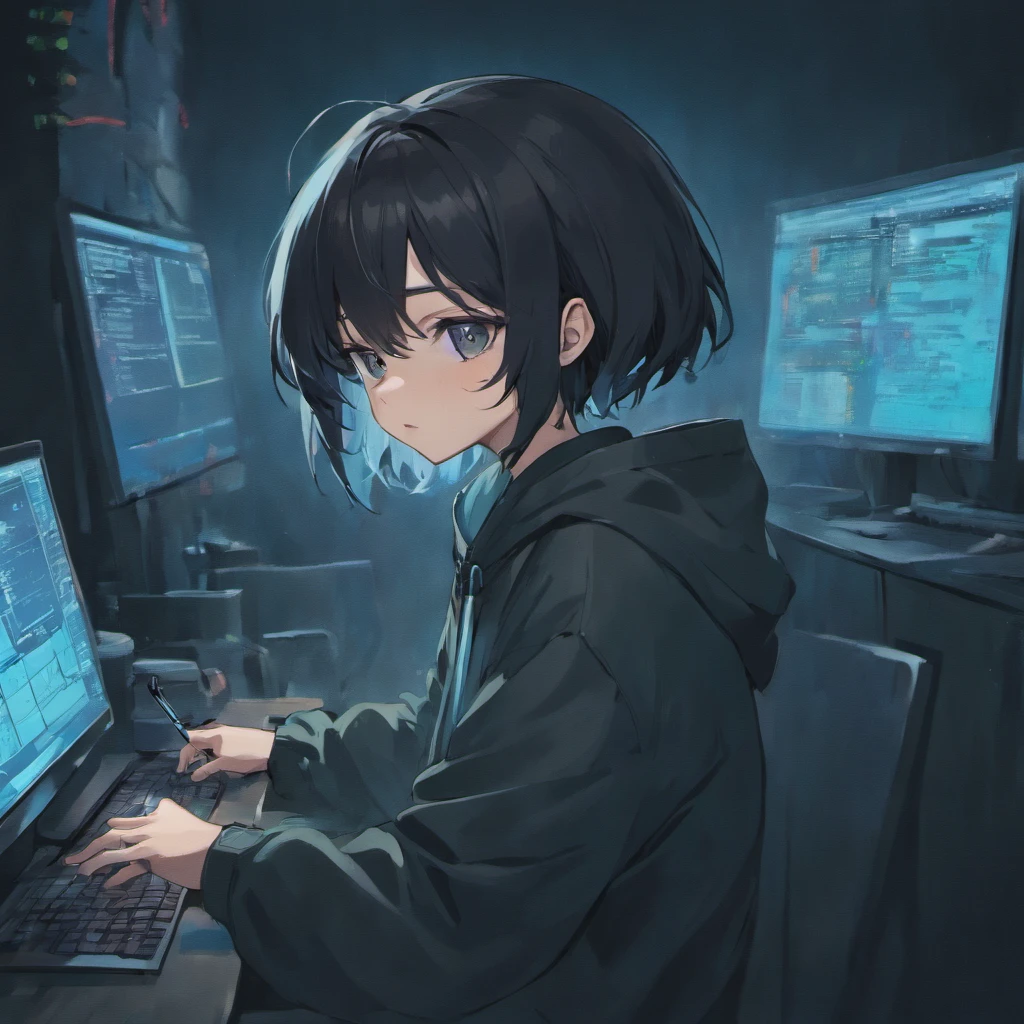 Glasses, Hooded, Short Black Hair, Black Eyes, Using a computer in a dark room and open the kali linux operating system on the computer screen, write codes in the terminal in kali linux, Cyber Security and Hacker Man