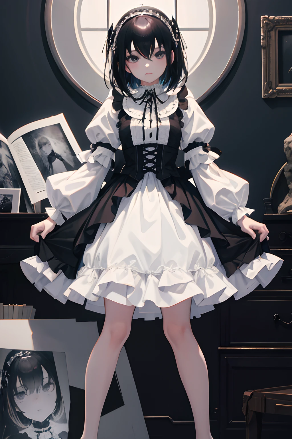 Standing,Knees,Curtsey,lift up one's skirt,child,(masterpiece,Highest Quality),(shortsleeves,White Gothic Lolita),Sleepy face,A dark-haired,waterface