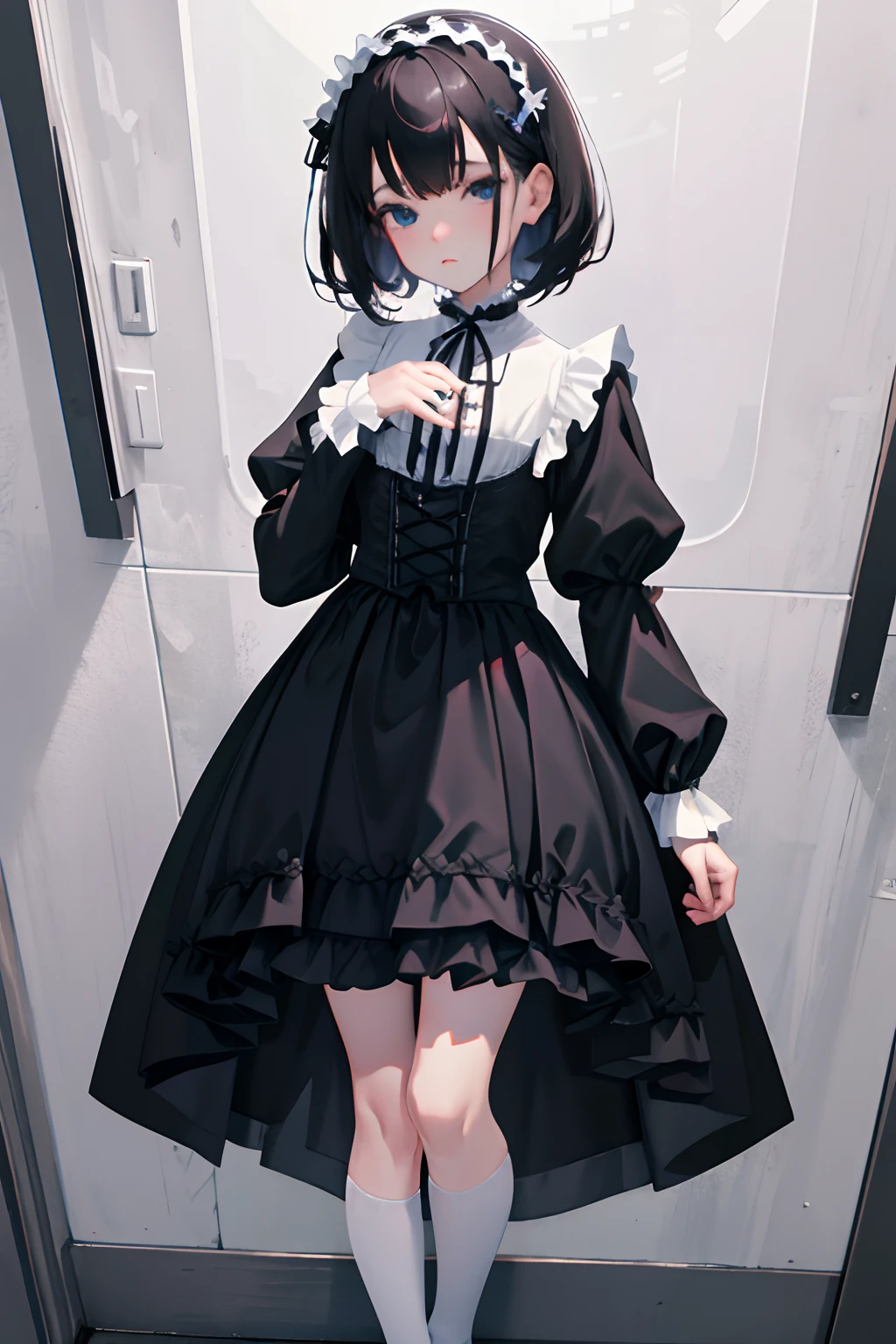 Standing,Knees,Curtsey,lift up one's skirtd,(masterpiece,Highest Quality),(shortsleeves,White Gothic Lolita),Sleepy face,A dark-haired,waterface