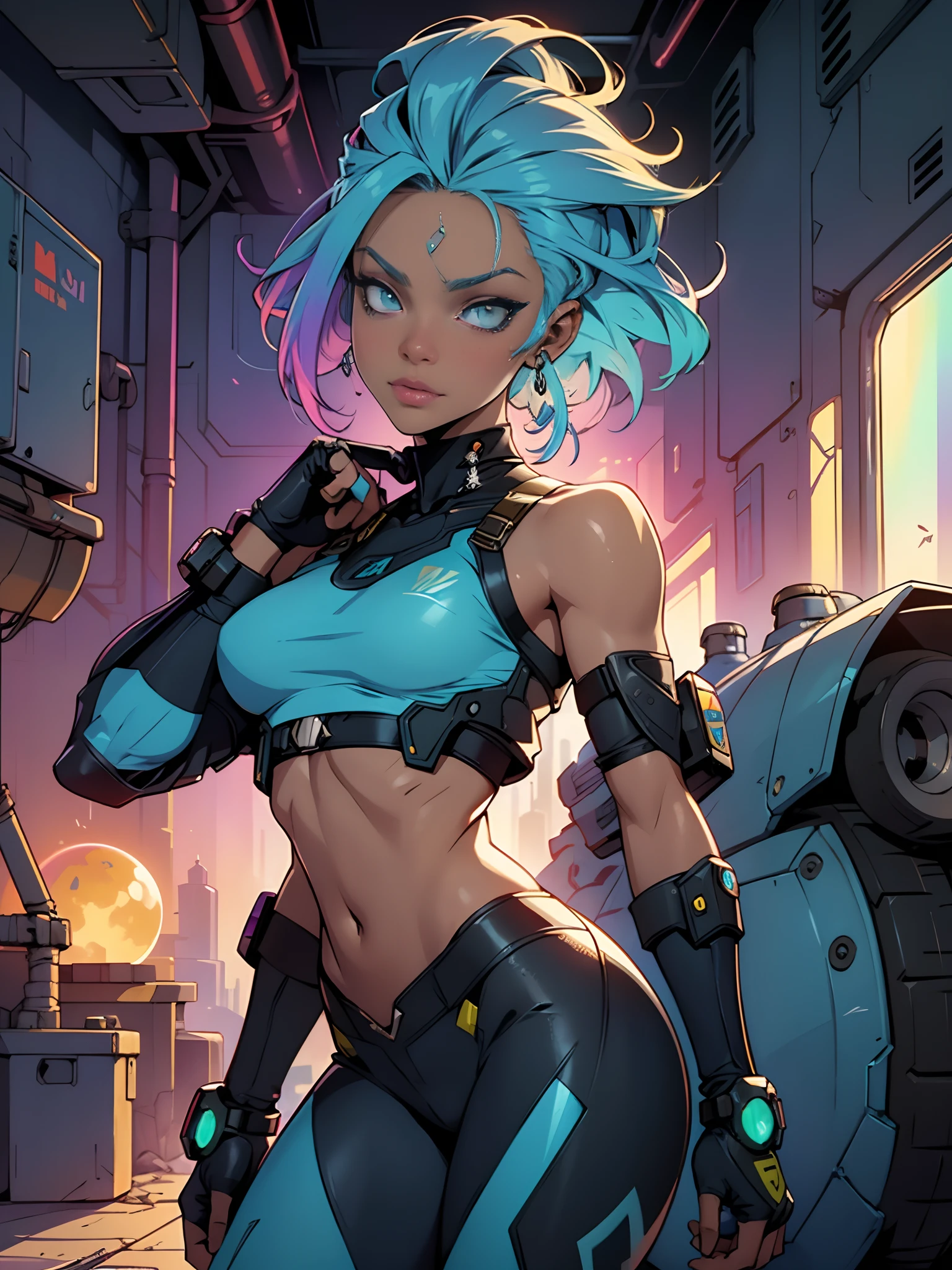 A female collectible alien heroine in Mad Max Design, ((Beautiful alien girl, pele azul natural, sem nariz, cabelo colorido, hair with rainbow colors, sci-fi)), crop top, umbigo, virilha, Parecido com queen bee Figure. caminhando, doca espacial em segundo plano, fotorrealista, 4k, Cyberpunk sci-fi