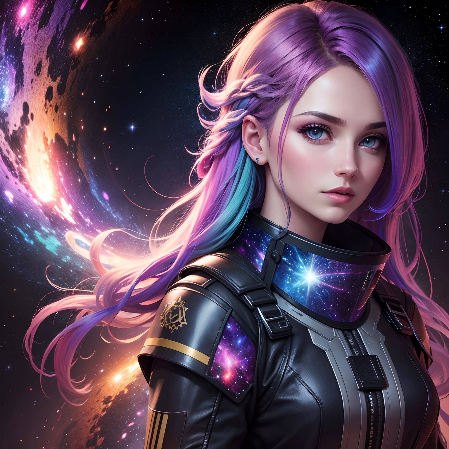 metalic photo realistic woman colorful galaxy colourful hair