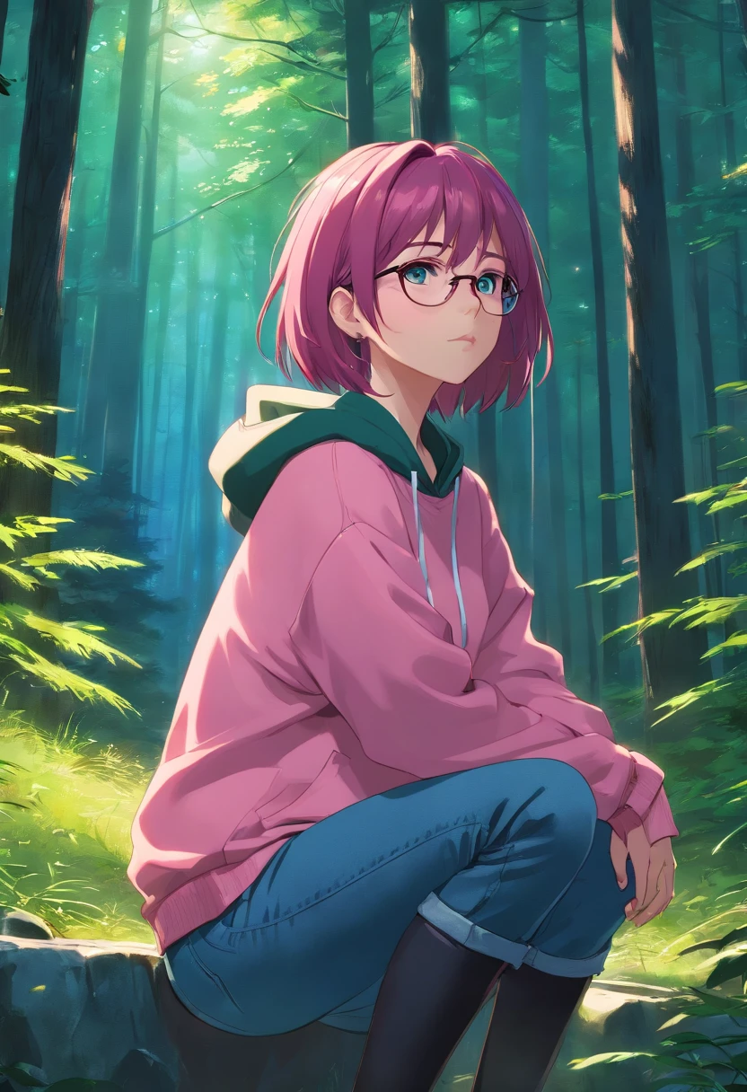 (masterpiece, best quality: 1.2), midnight, forest, dark pink hair, green eyes, pink hoodie, blue jeans, short hair, black eye_glasses, black boots, pale_skin, sleepy, black_earrings, choker, alone, bracelets, 1girl, depressed
