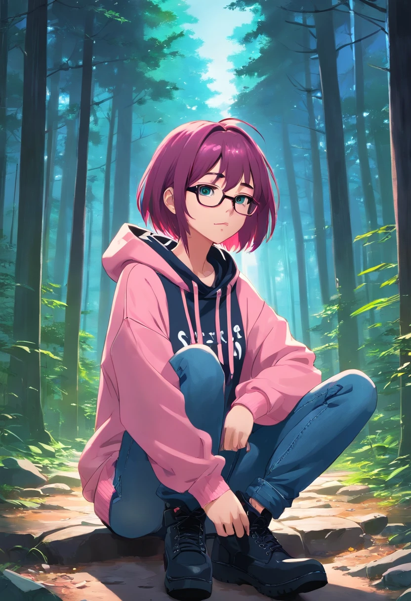 (masterpiece, best quality: 1.2), midnight, forest, dark pink hair, green eyes, pink hoodie, blue jeans, short hair, black eye_glasses, black boots, pale_skin, sleepy, black_earrings, choker, alone, bracelets, 1girl, depressed
