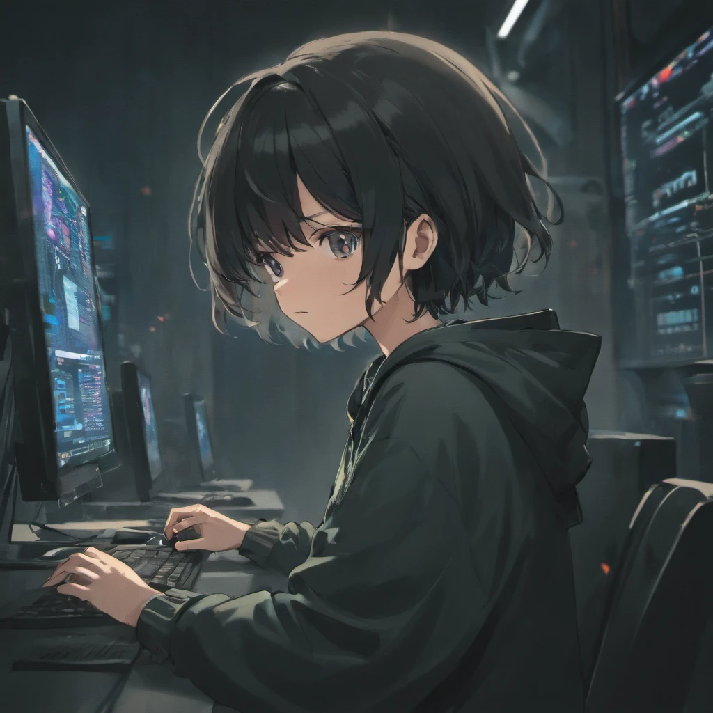 Glasses, Hooded, Short Black Hair, Black Eyes, Using a computer in a dark room and open the kali linux operating system on the computer screen, write codes in the terminal in kali linux, Cyber Security and Hacker Male