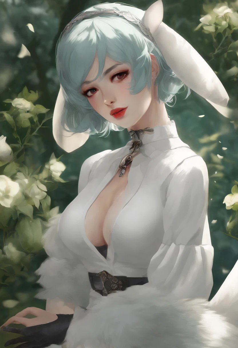 1girll, Phlegm sputum, phlegm, (Blindfold), Breasts, cleavage, cleavage cutout, Dress cutout, Green background, hair between eye, Headband, high resolution, Juliet sleeves, Long sleeves, nier (Series), nier automata, Fluffy sleeves, Red lips, shaded face, Short hair, Solo, high-necksweater, Upper body, l Blue hair, sky, White fox ears, White fox tail, Nine-tailed fox,