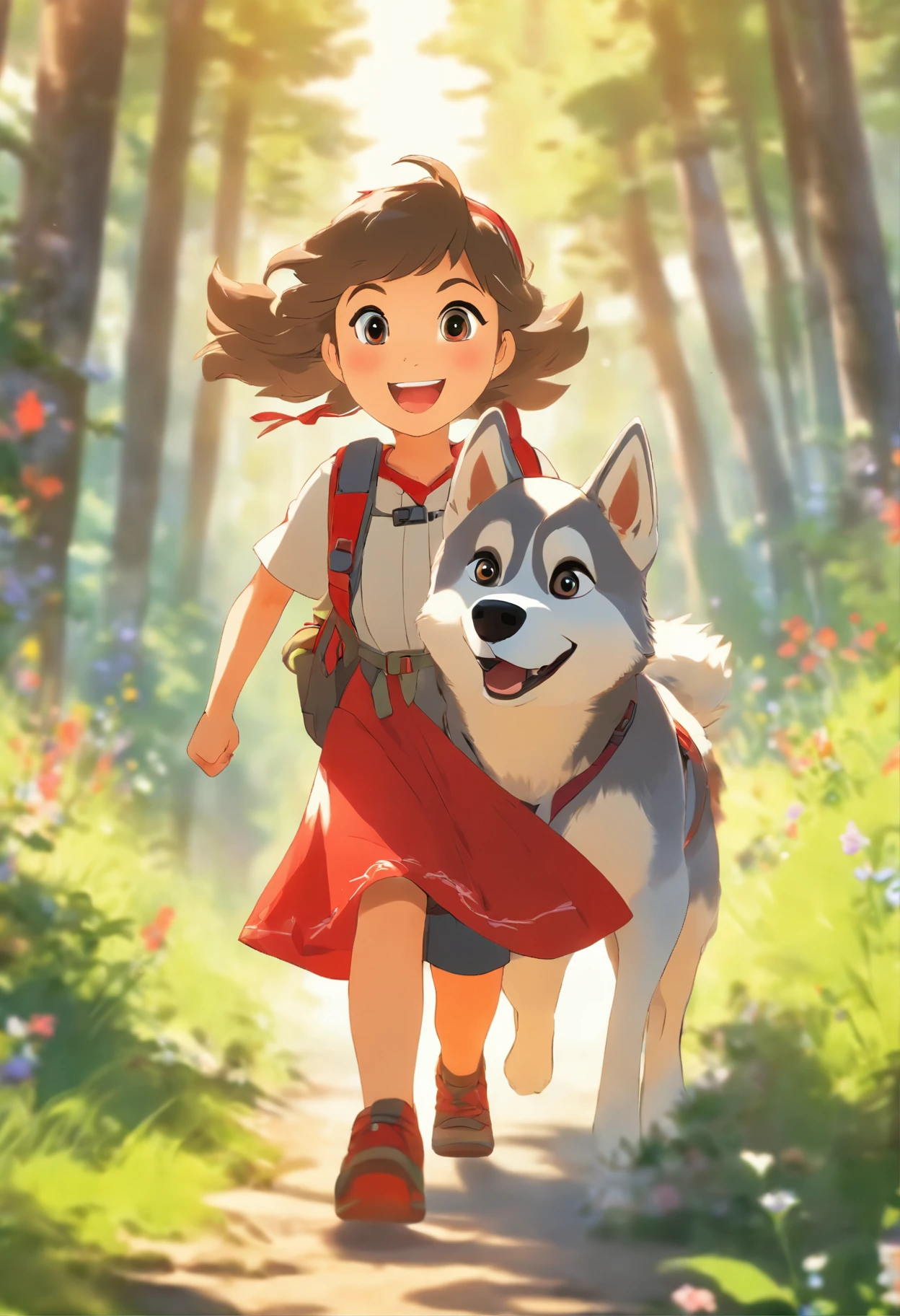 A 6-year-old girl carrying a hiking bag,Wearing a white top,short red dress, happy, Leading a husky on a forest path, Face the lens,, wildflowers, Far Mountain, the woods