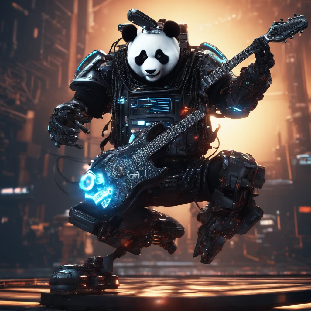 (masterpiece, best quality), panda, playing guitar, jumping pose, blurry foreground, full body, fully clothes, boot shoes, rock n roll outfit,
