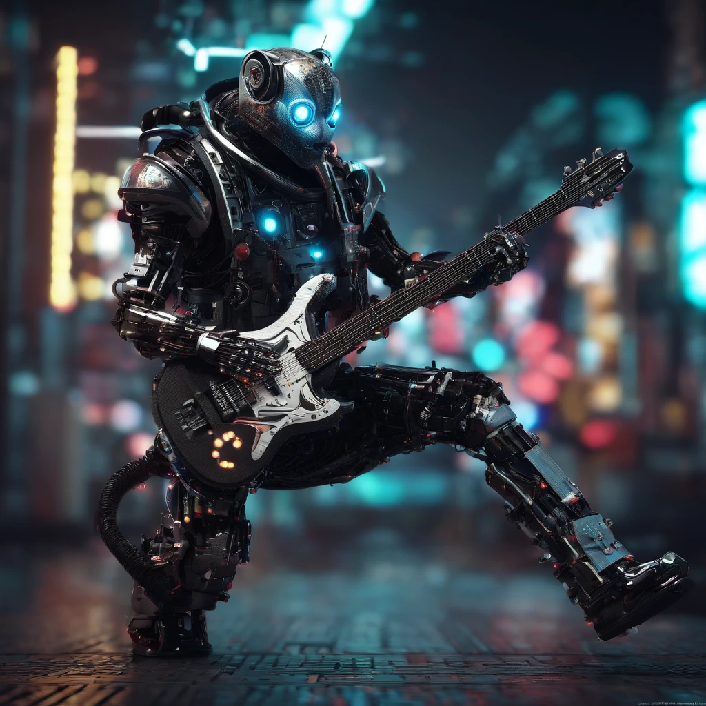 (masterpiece, best quality), panda, playing guitar, jumping pose, blurry foreground, full body, fully clothes, boot shoes, rock n roll outfit,