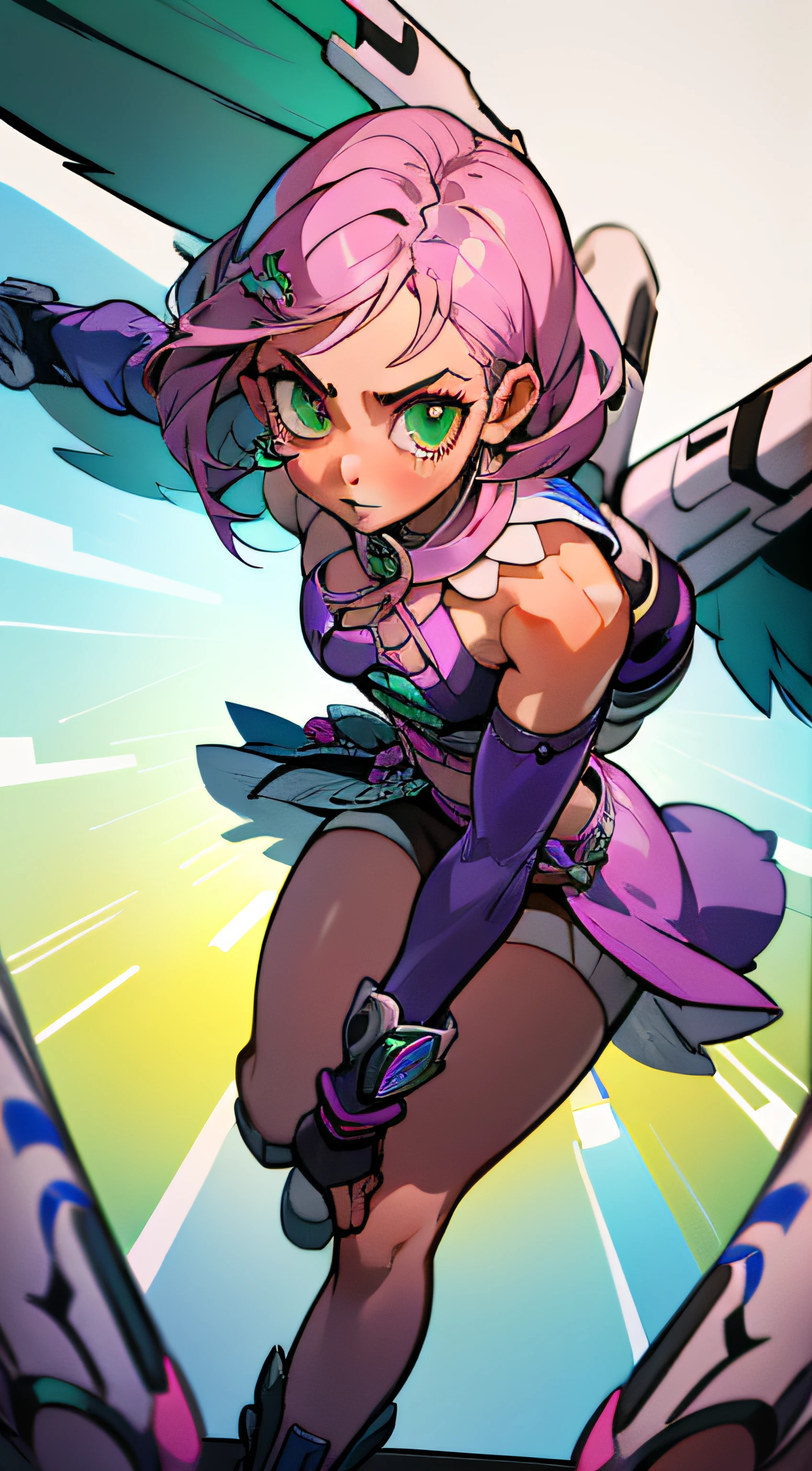 Alisa Cute Face Sitting on your legs with your soles facing the camera in ballerina shoes with big butt and hips with your face over the top looking over your shoulders back at the camera lingerie must be very full of charms, Perfect green symmetrical eyes, cabelo curto rosa multicor, mechanical wings, tekken