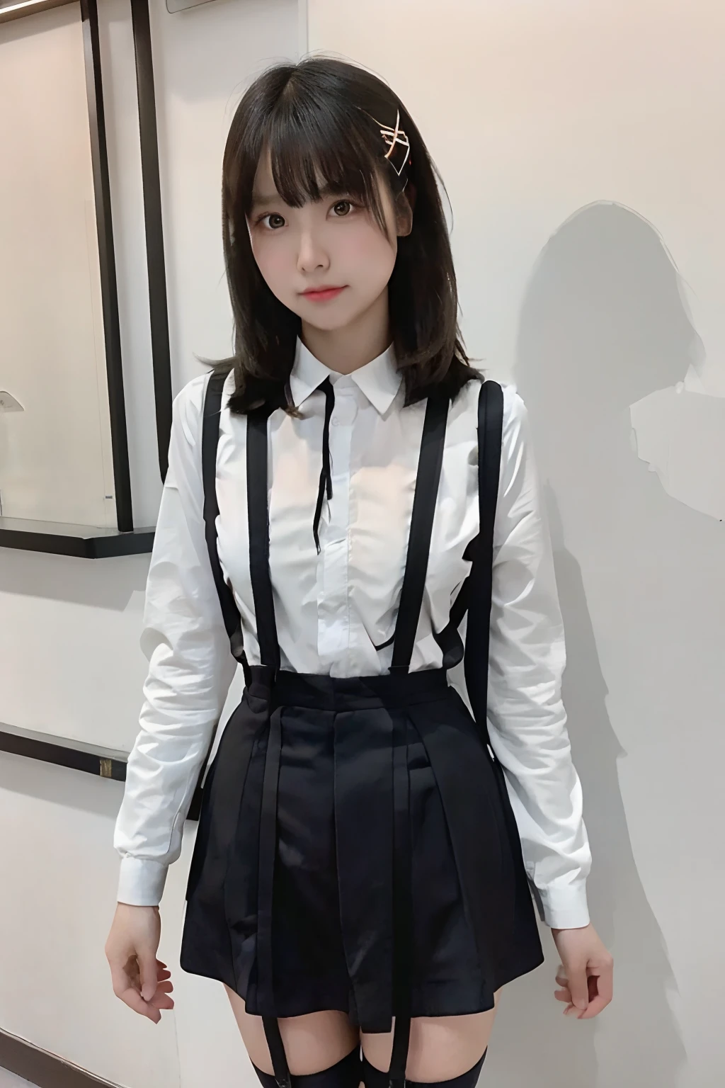 masterpiece、top-quality、The ultra -The high-definition、、colourfull、flat-colors、depth of fields、Lens Flare 1 Girl、、A dark-haired、watching at viewers、schools、Classroom、a miniskirt、Detailed feel、Detailed Cloth Texture、beautifull detailed face、30-year-old beauty、Adult atmosphere、Pubic hair shows through garters stockings large full breasts suspenders is standing glares knee high Niso knee high socks