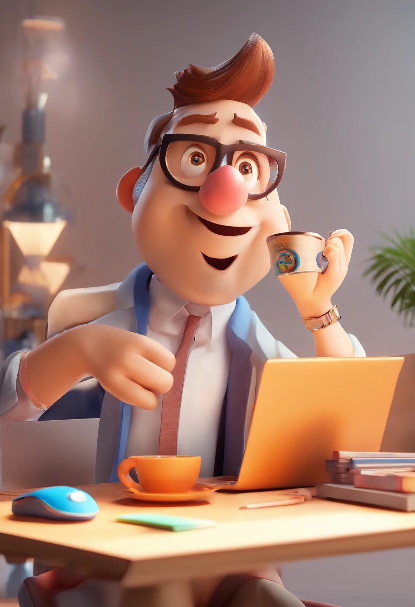 cartoon character with laptop and coffee on a white background, 2 d illustration, 2d illustration, official render, promotional render, animation character, animation style render, 3 d illustration, 3d illustration, 2 d render, satisfying render, high res render, stylized as a 3d render, 2d digital illustration, 3 d character, 3d character