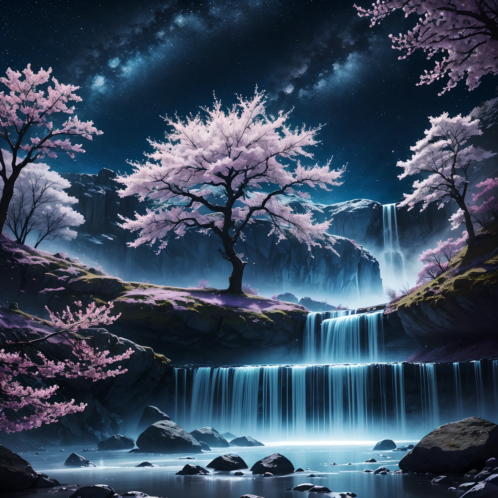 (HighestQuali,astonishing detail:1.25),mont,(Mist:0.9),(waterfallr:0.8),(the cherry trees:1.3),(cinematic compositions:1.3),(dream magical:1.3),hoang lap,Blue Flame,Plasma,Particle effect,Crystal clear texture,Vibrant colors,(Skysky),the space,starrysky,Skysky,galaxias,illuminating,llight rays,dynamic angle,depth of fields,Light,Reallightandshadow,diffused reflections,